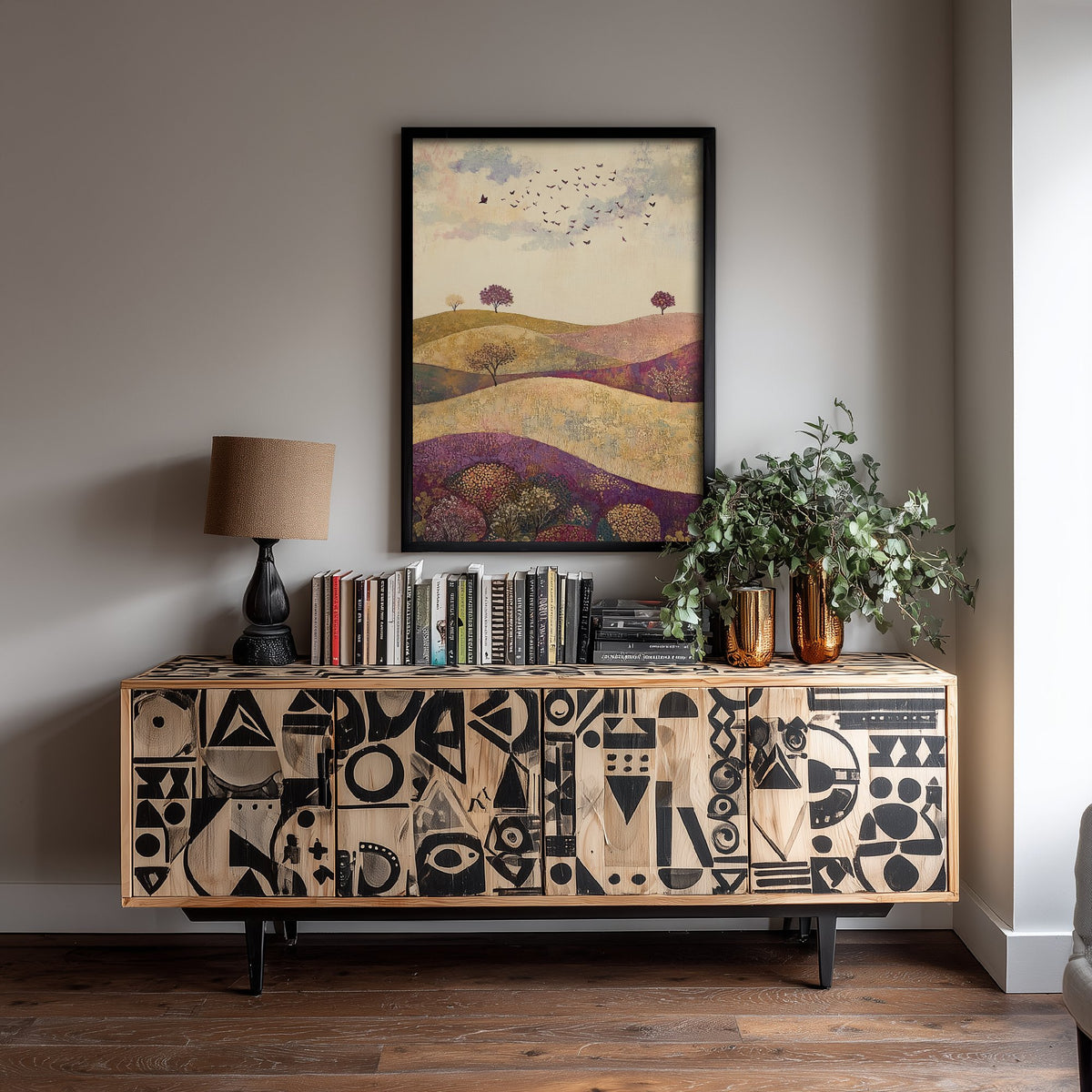 Rolling Hills Landscape Art Print - Butterfly Meadow Poster - Folk Art Painting - Aubergine Sage and Linen 2/3