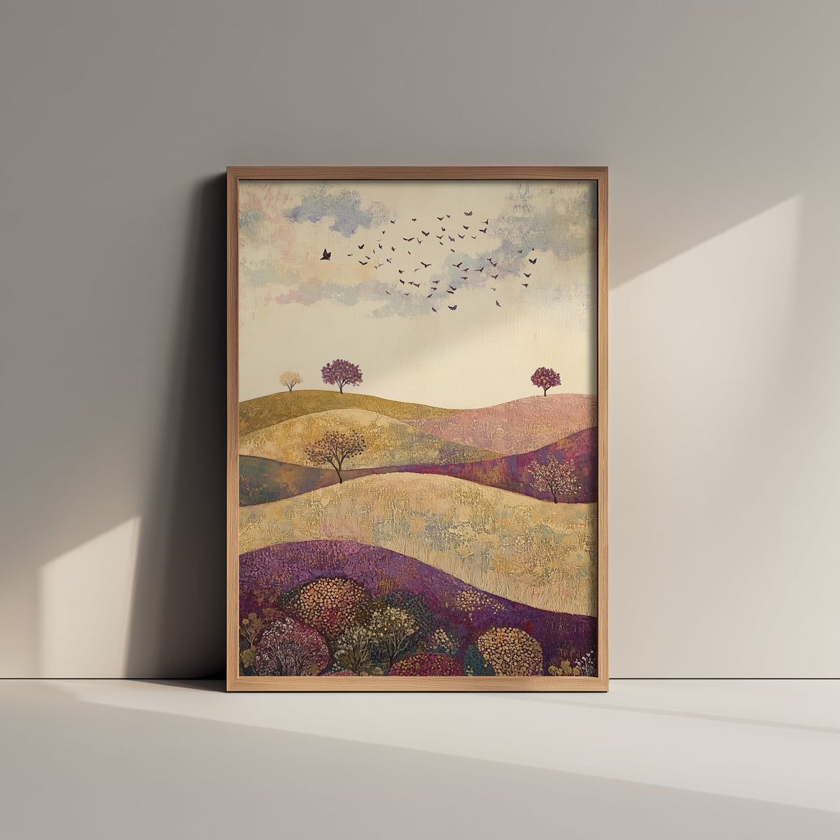Rolling Hills Landscape Art Print - Butterfly Meadow Poster - Folk Art Painting - Aubergine Sage and Linen 2/3