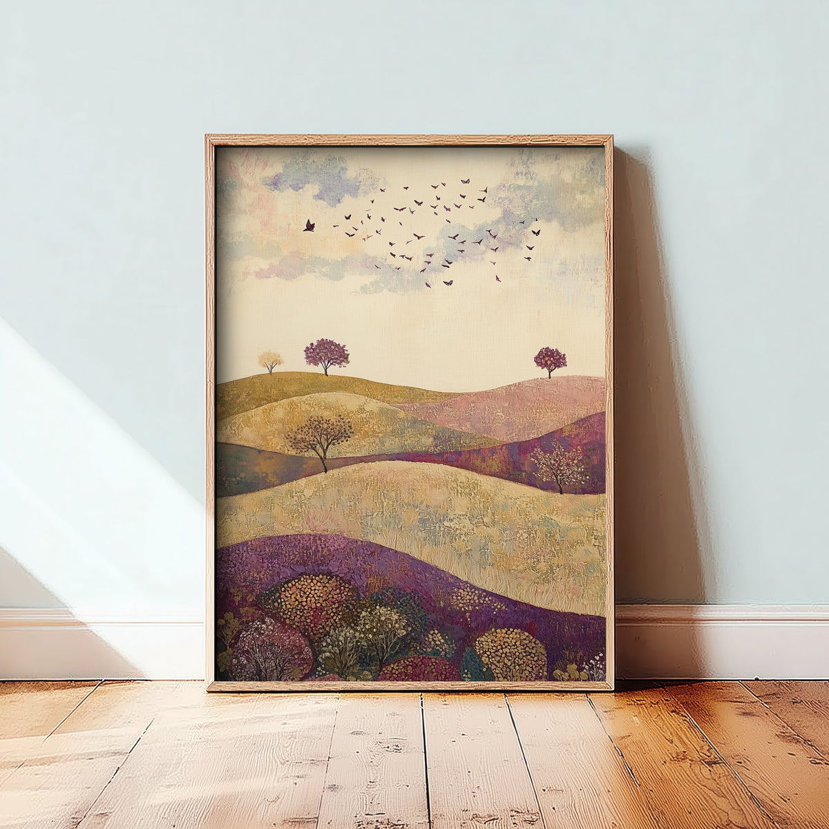 Rolling Hills Landscape Art Print - Butterfly Meadow Poster - Folk Art Painting - Aubergine Sage and Linen 2/3