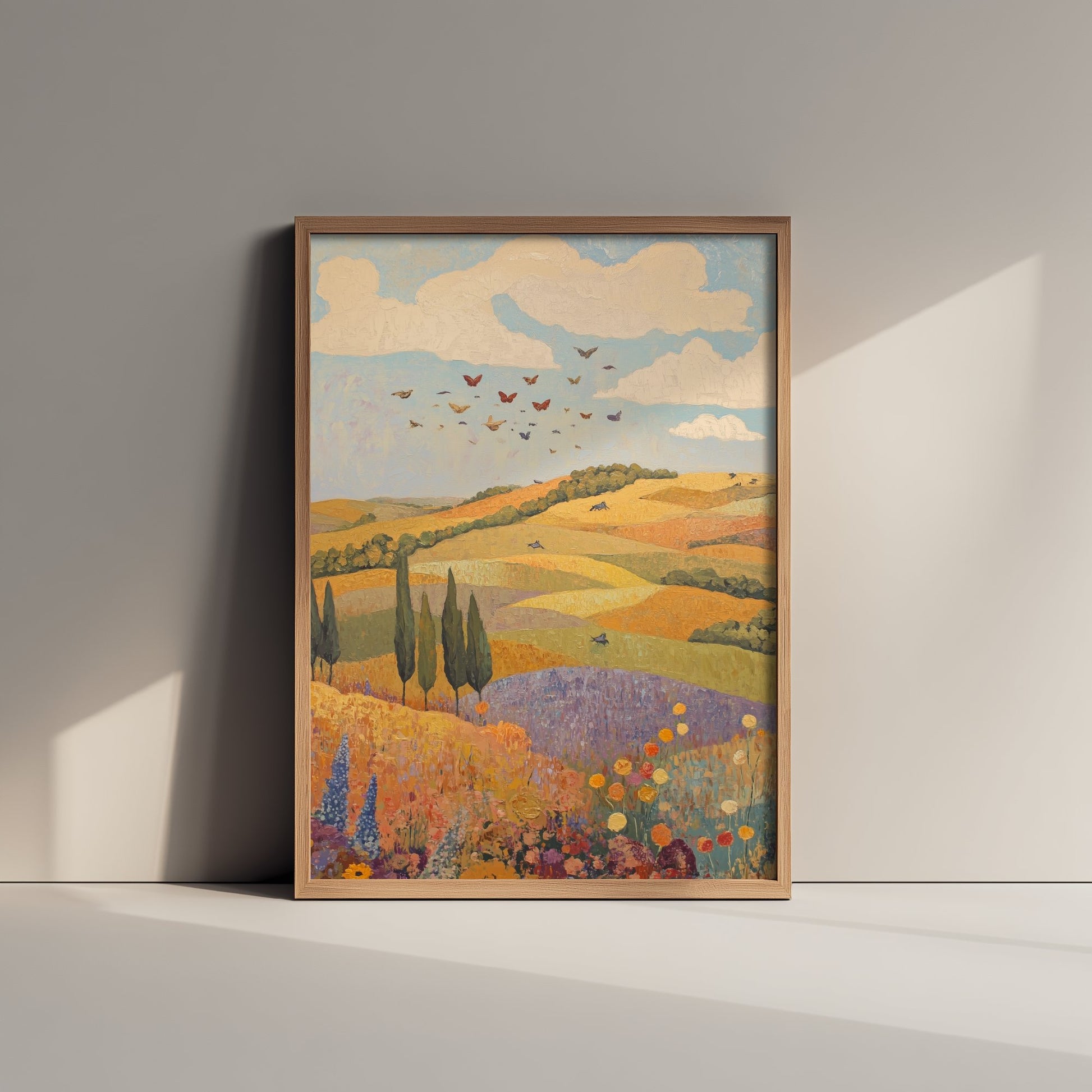Rolling Hills Landscape Art Print - Butterfly Meadow Poster - Folk Art Painting - Aubergine Sage and Linen 3/3