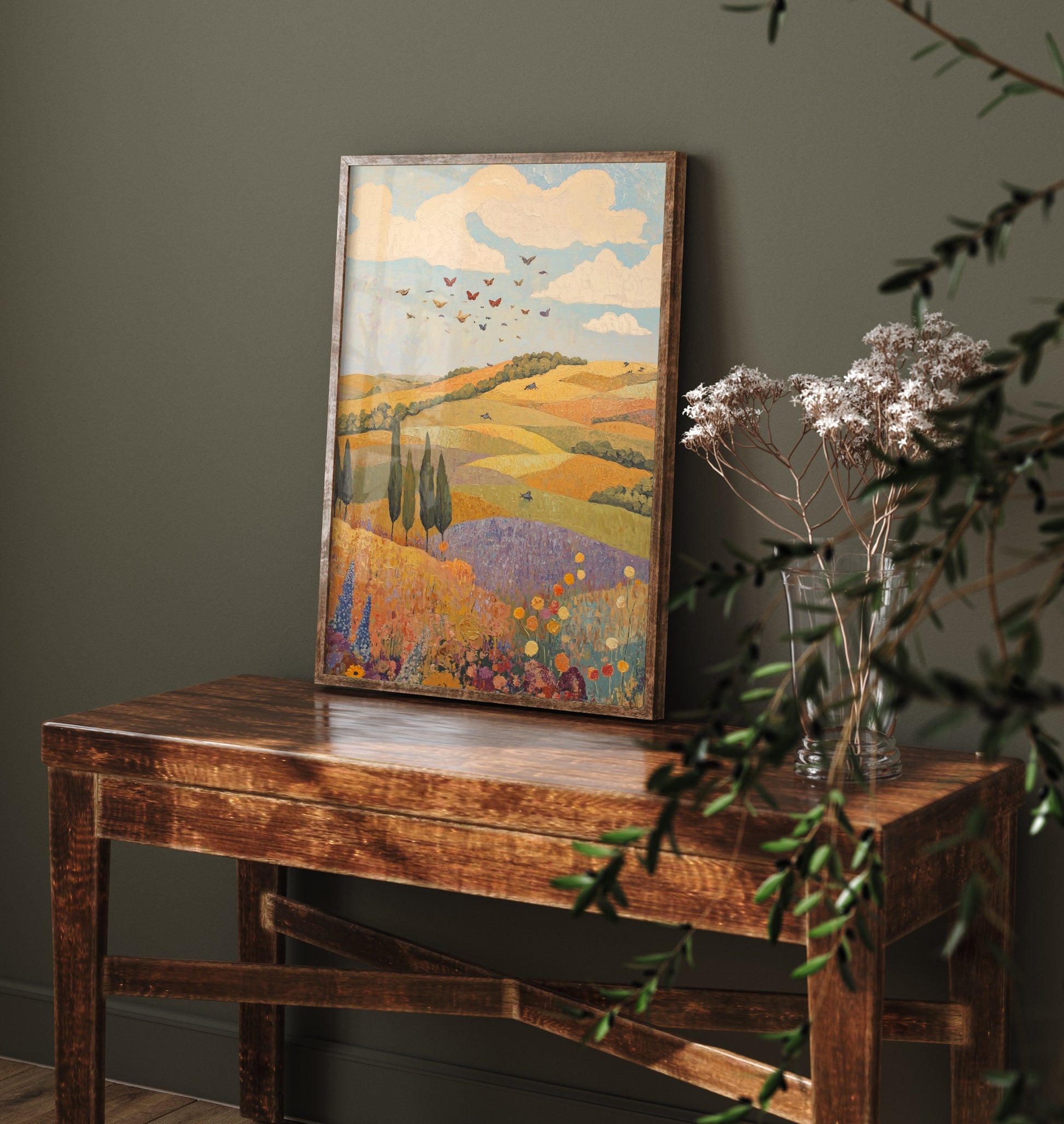 Rolling Hills Landscape Art Print - Butterfly Meadow Poster - Folk Art Painting - Aubergine Sage and Linen 3/3