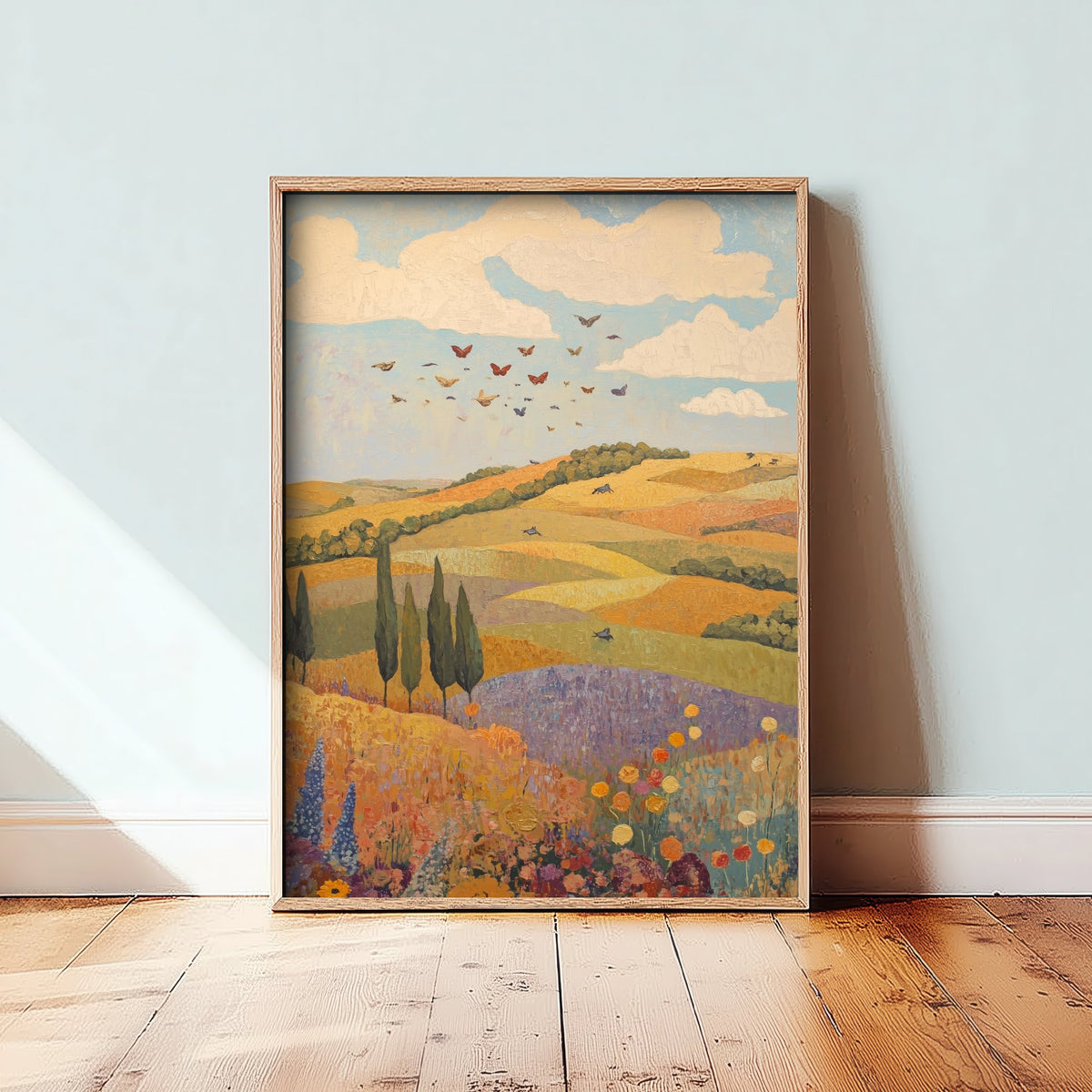 Rolling Hills Landscape Art Print - Butterfly Meadow Poster - Folk Art Painting - Aubergine Sage and Linen 3/3