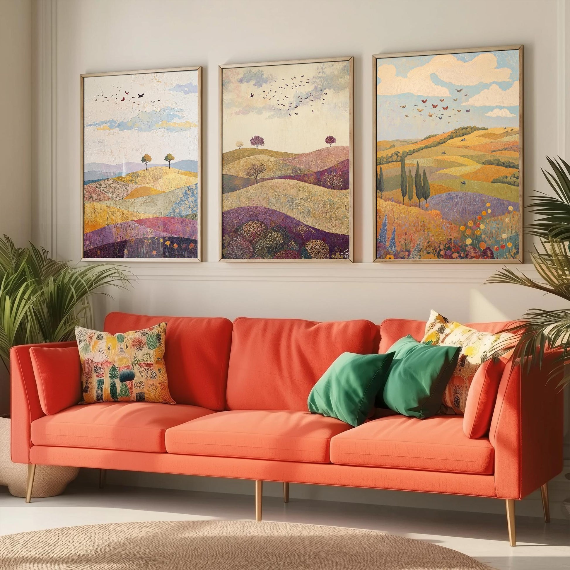 Rolling Hills Butterfly Set of Three Art Prints - Aubergine Sage and Linen - Folk Meadow Poster Illustration Gift