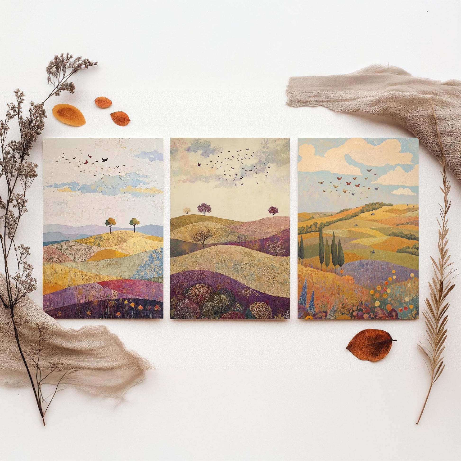 Rolling Hills Butterfly Set of Three Art Prints - Aubergine Sage and Linen - Folk Meadow Poster Illustration Gift