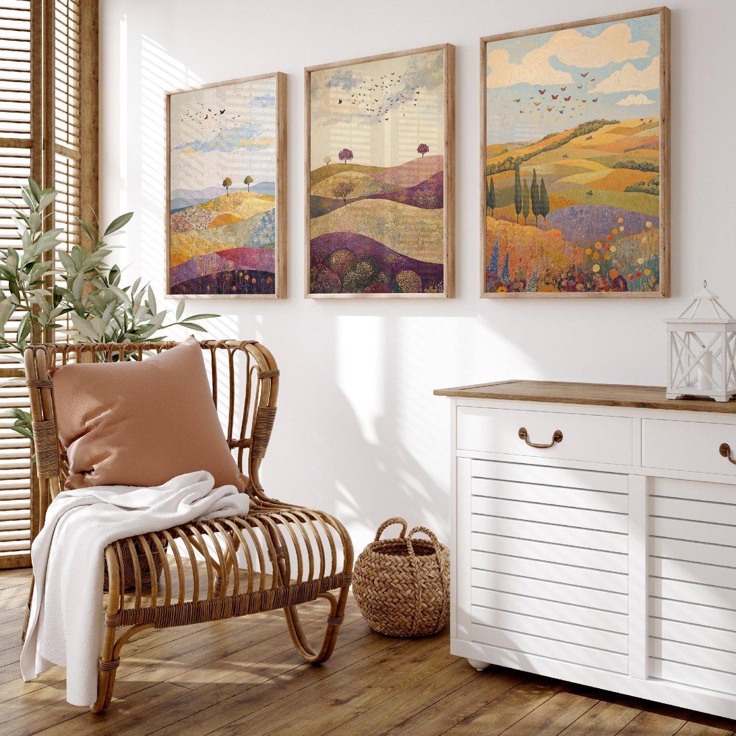 Rolling Hills Butterfly Set of Three Art Prints - Aubergine Sage and Linen - Folk Meadow Poster Illustration Gift