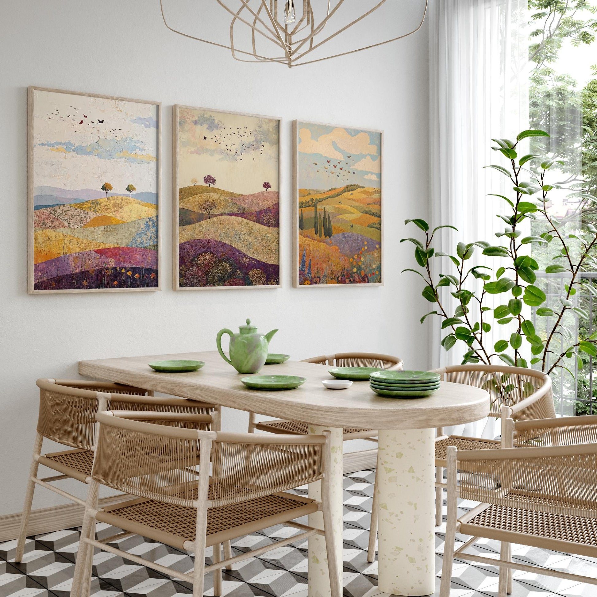 Rolling Hills Butterfly Set of Three Art Prints - Aubergine Sage and Linen - Folk Meadow Poster Illustration Gift