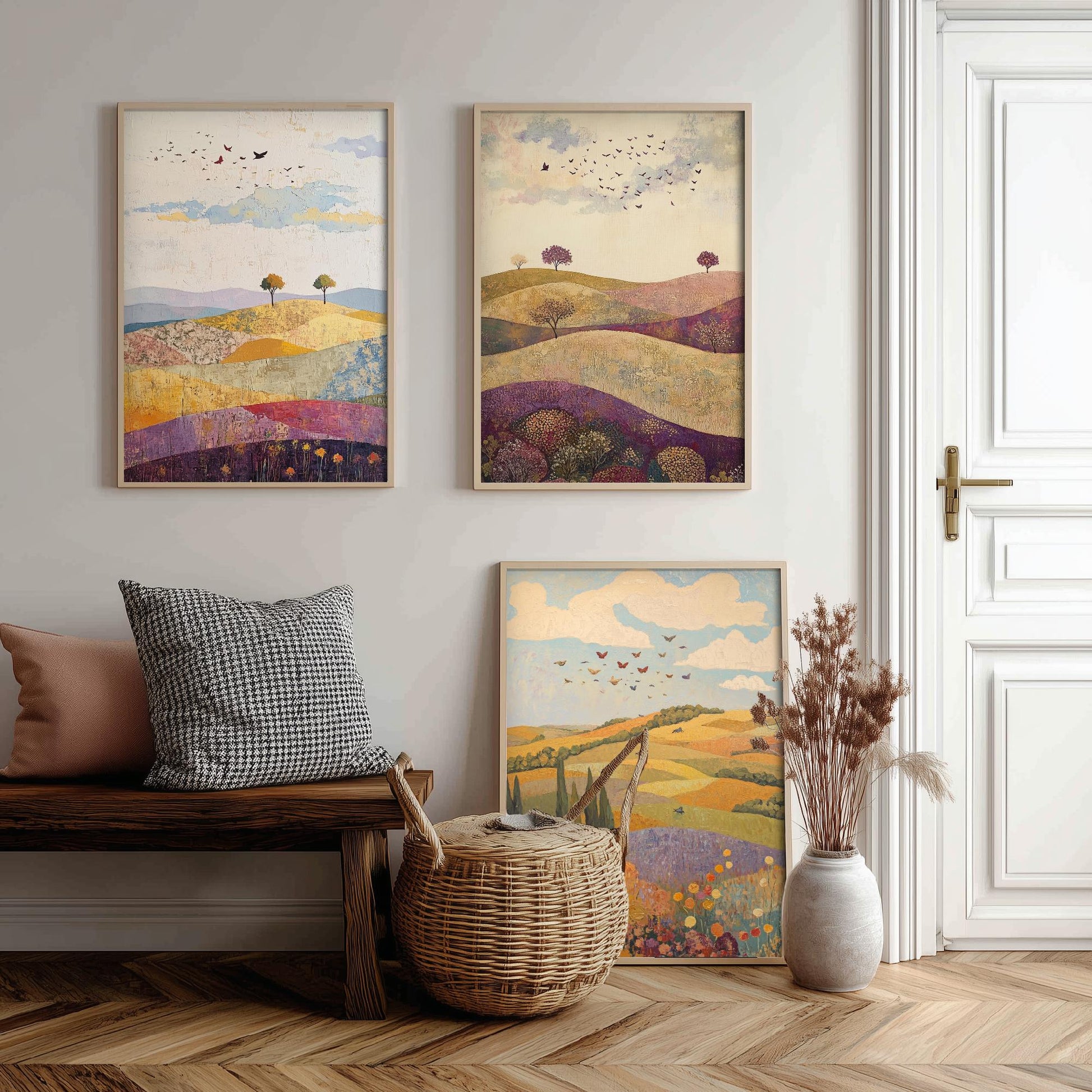 Rolling Hills Butterfly Set of Three Art Prints - Aubergine Sage and Linen - Folk Meadow Poster Illustration Gift