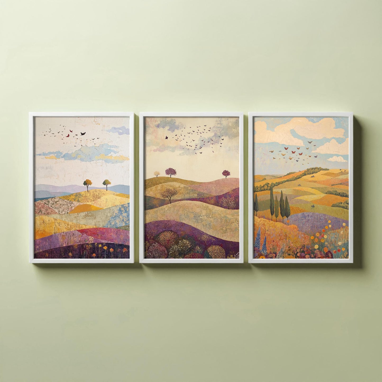 Rolling Hills Butterfly Set of Three Art Prints - Aubergine Sage and Linen - Folk Meadow Poster Illustration Gift