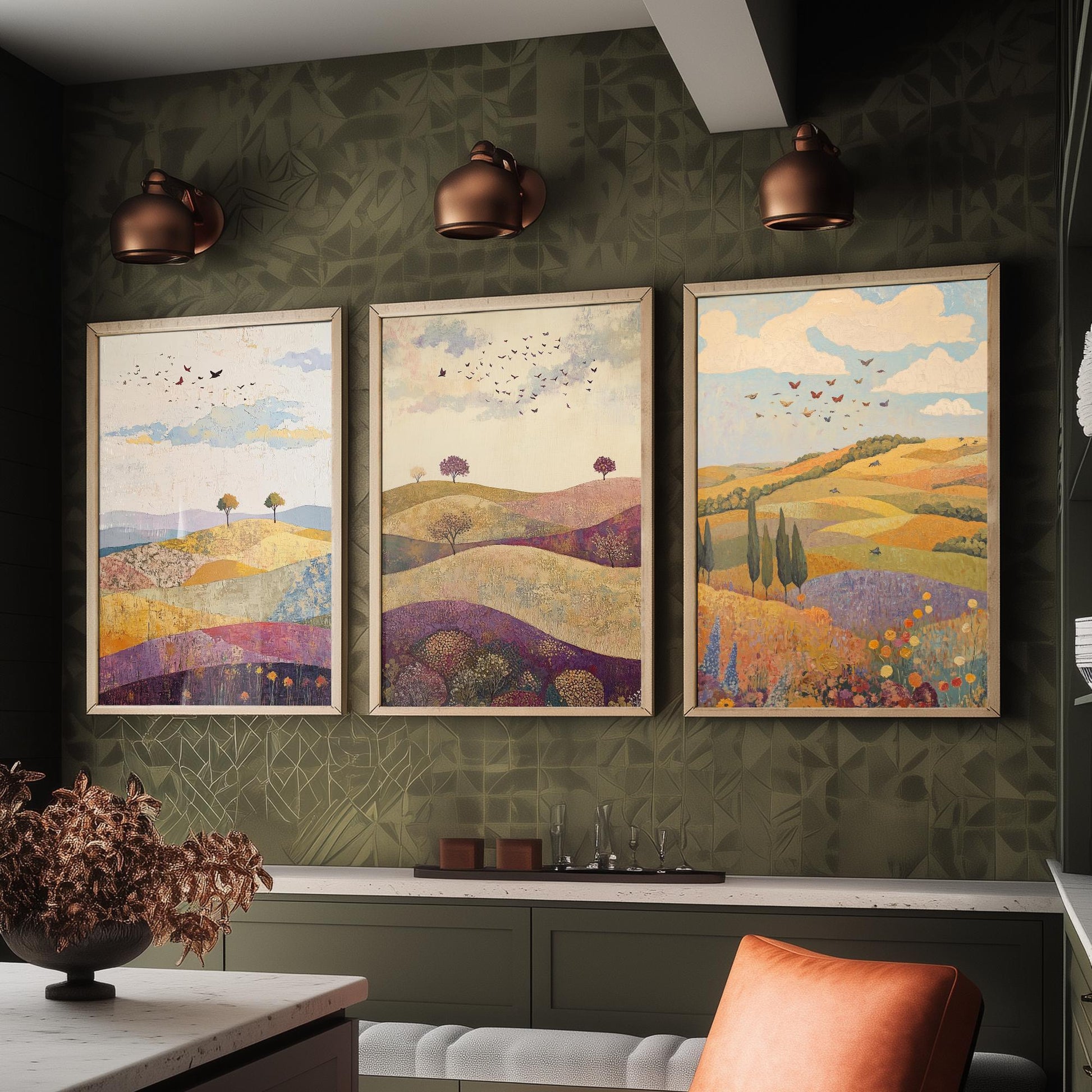Rolling Hills Butterfly Set of Three Art Prints - Aubergine Sage and Linen - Folk Meadow Poster Illustration Gift