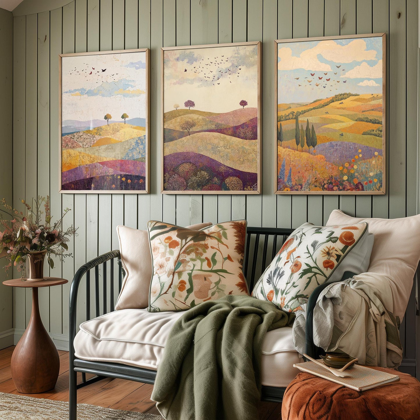 Rolling Hills Butterfly Set of Three Art Prints - Aubergine Sage and Linen - Folk Meadow Poster Illustration Gift