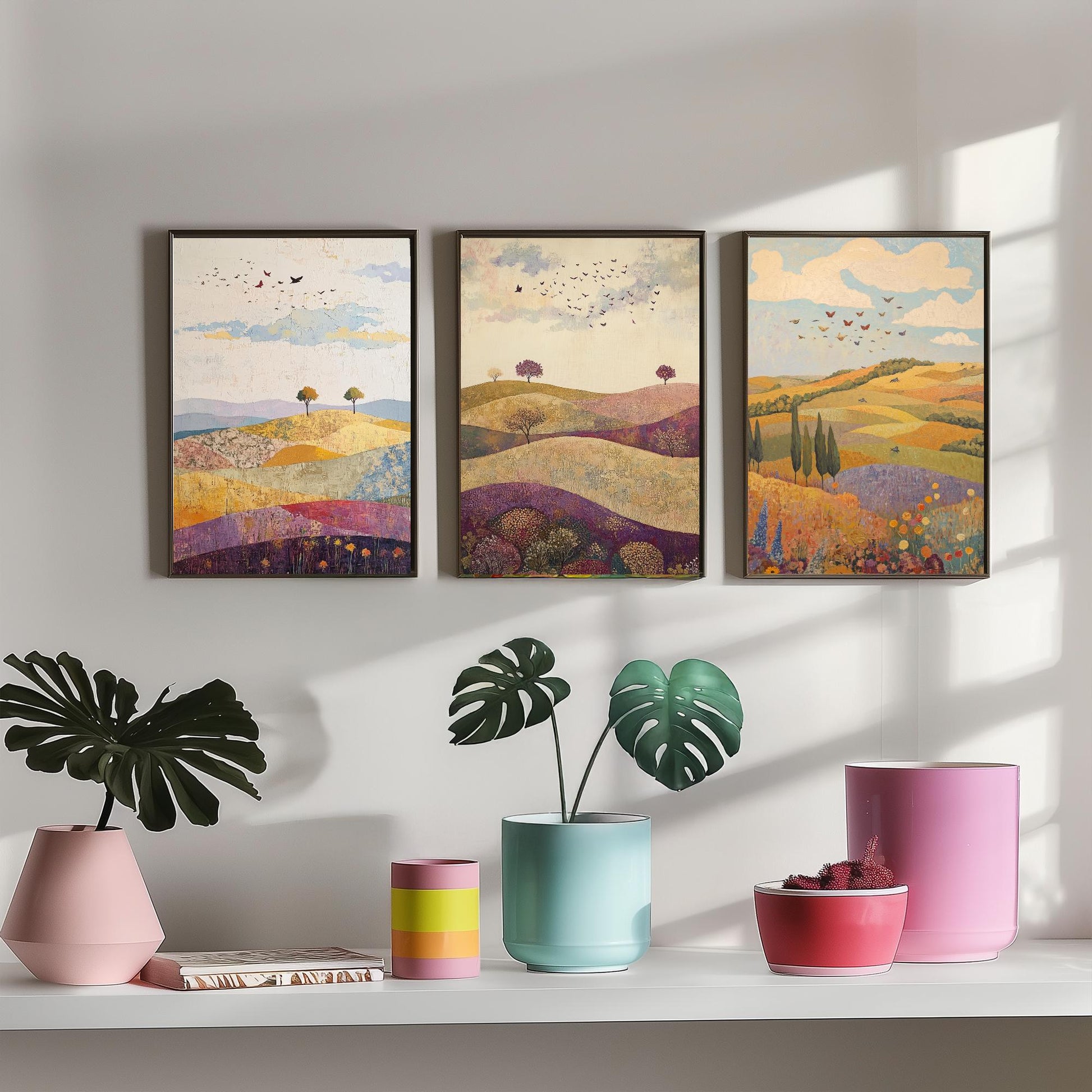 Rolling Hills Butterfly Set of Three Art Prints - Aubergine Sage and Linen - Folk Meadow Poster Illustration Gift