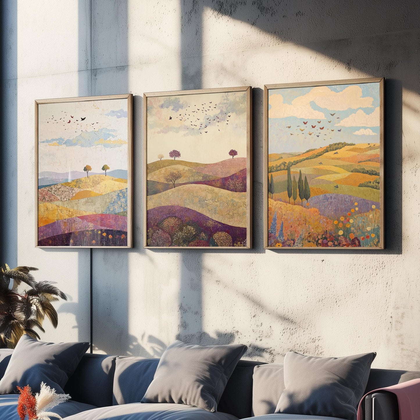 Rolling Hills Butterfly Set of Three Art Prints - Aubergine Sage and Linen - Folk Meadow Poster Illustration Gift