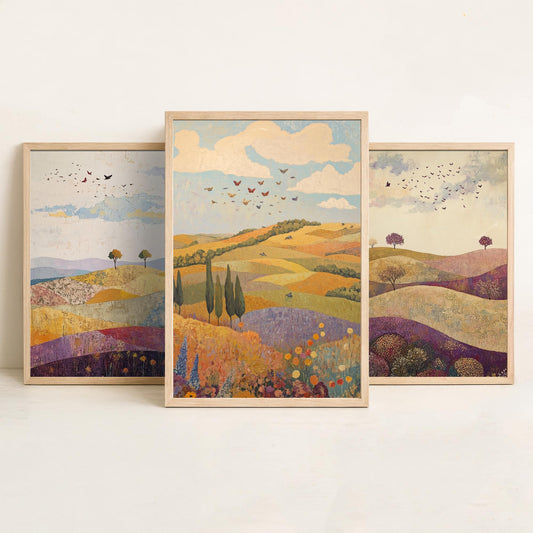 Rolling Hills Butterfly Set of Three Art Prints - Aubergine Sage and Linen - Folk Meadow Poster Illustration Gift