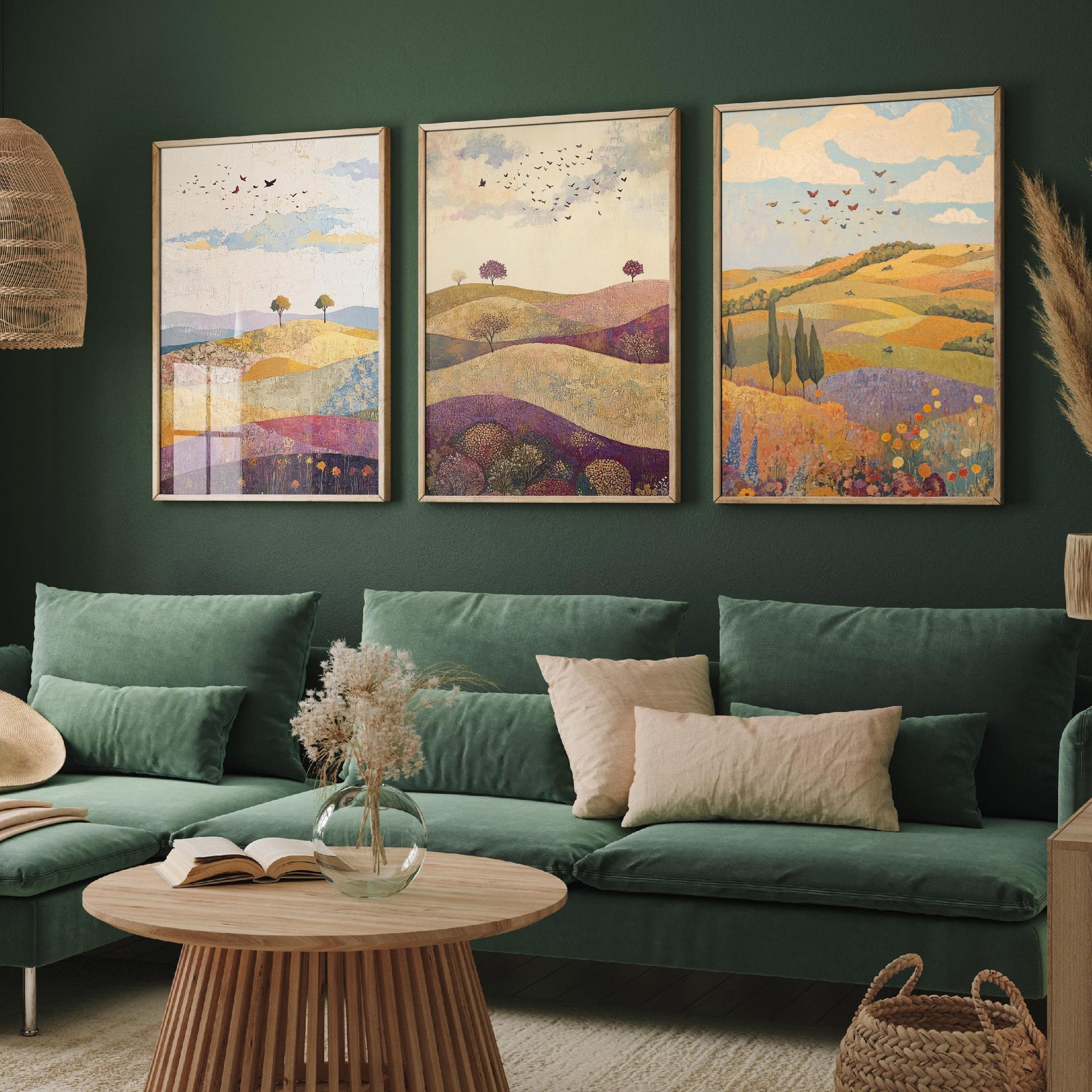 Rolling Hills Butterfly Set of Three Art Prints - Aubergine Sage and Linen - Folk Meadow Poster Illustration Gift