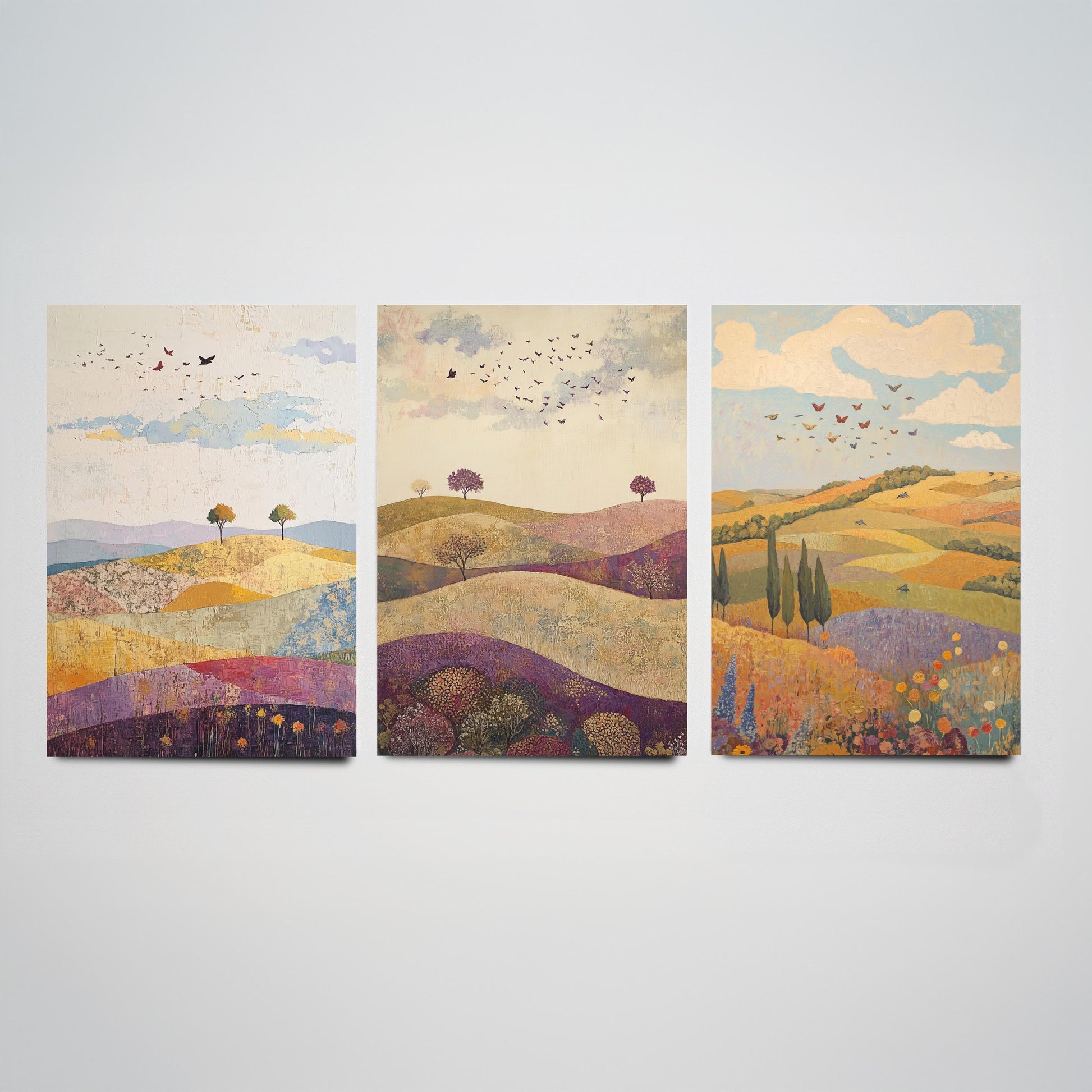 Rolling Hills Butterfly Set of Three Art Prints - Aubergine Sage and Linen - Folk Meadow Poster Illustration Gift