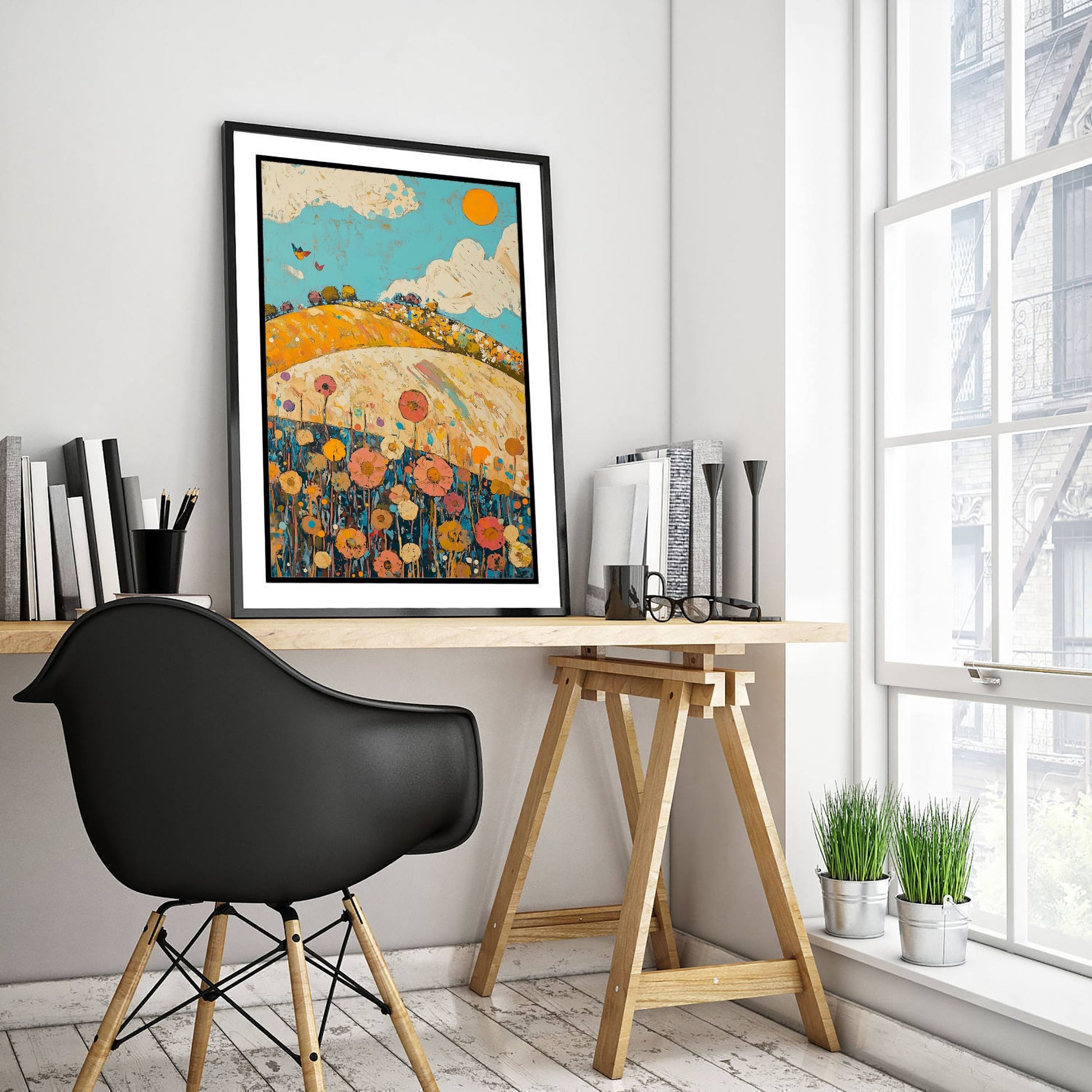 Rolling Hills Landscape Art Print - Butterfly Meadow Poster - Folk Art Painting - Azure Clay and Blossom 1/3