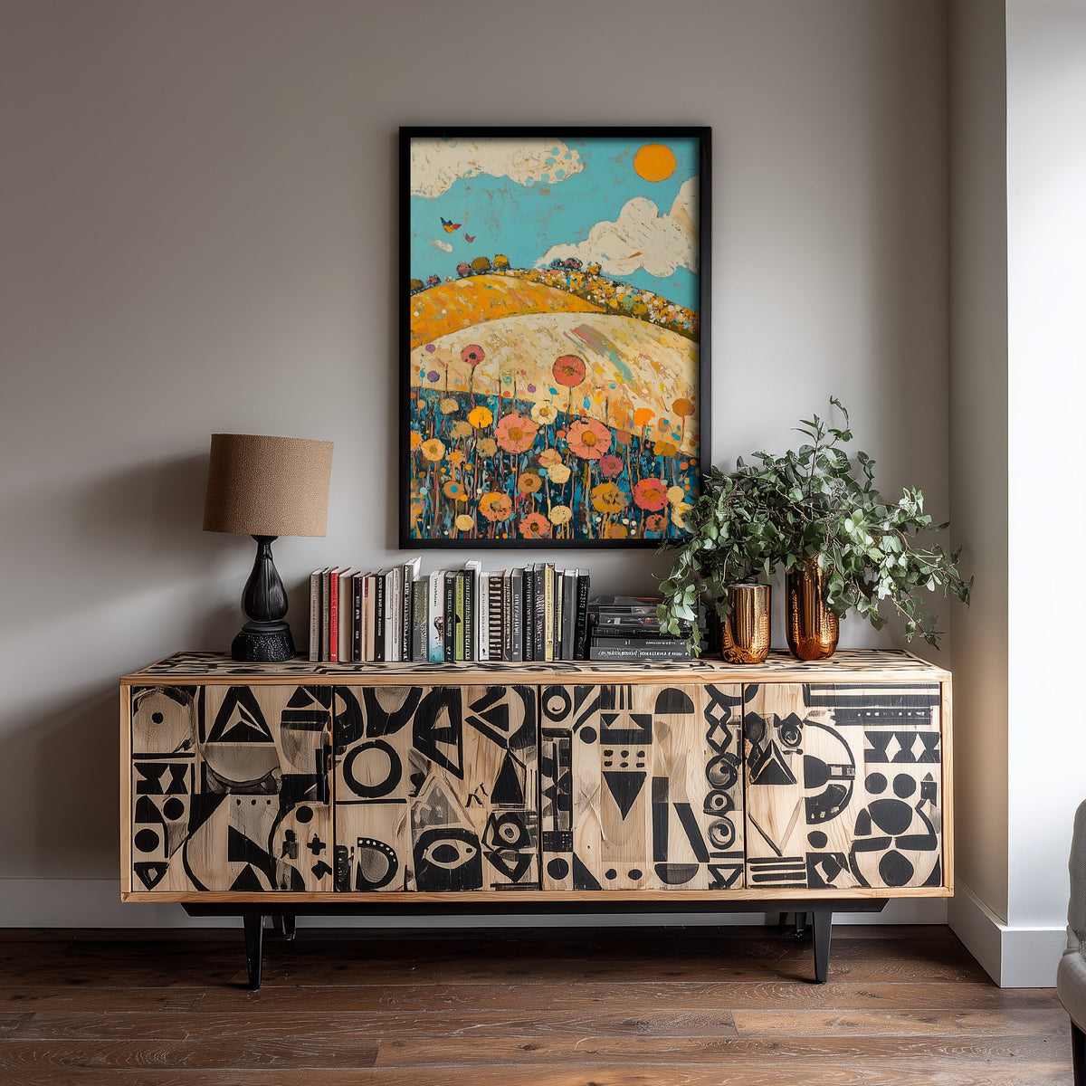 Rolling Hills Landscape Art Print - Butterfly Meadow Poster - Folk Art Painting - Azure Clay and Blossom 1/3