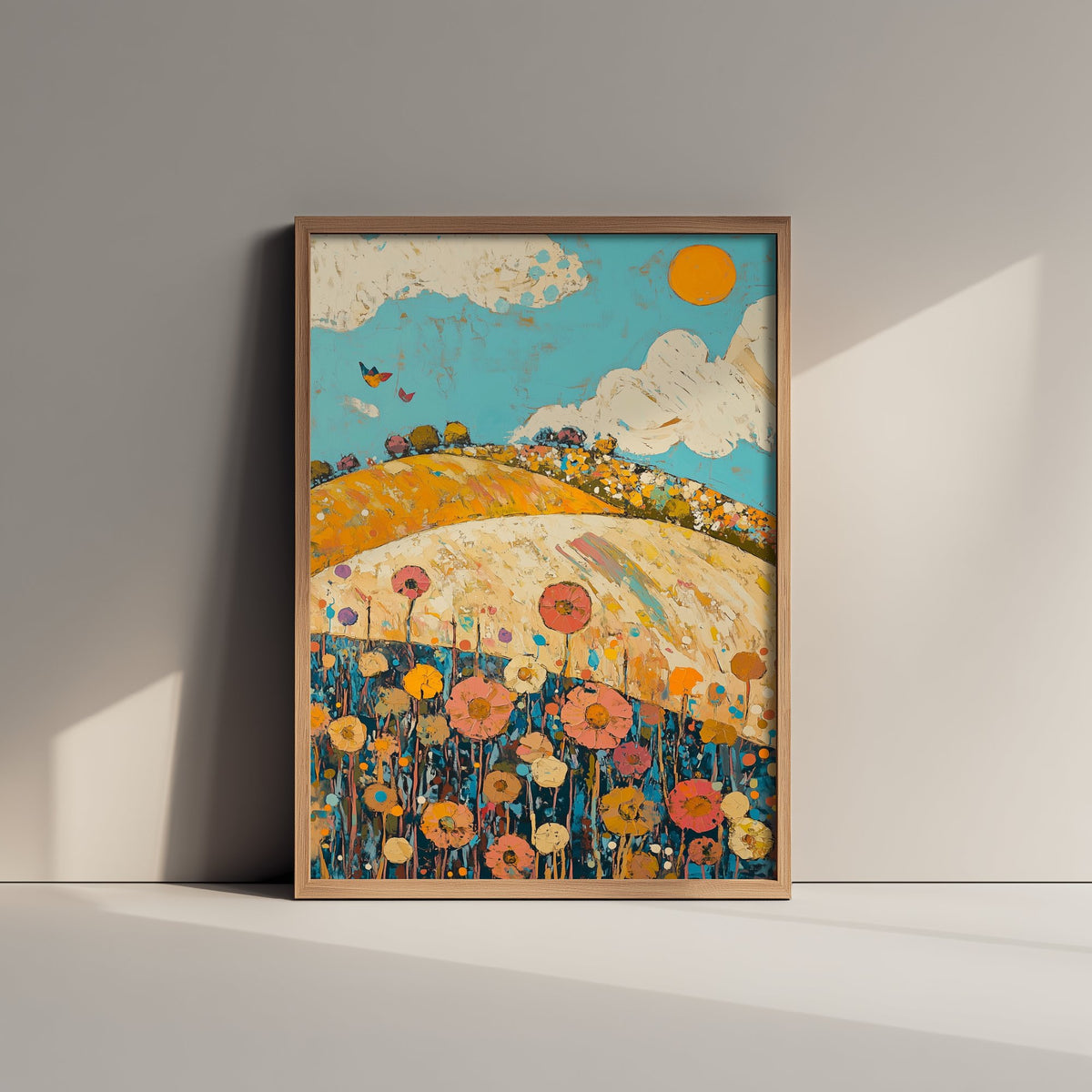 Rolling Hills Landscape Art Print - Butterfly Meadow Poster - Folk Art Painting - Azure Clay and Blossom 1/3