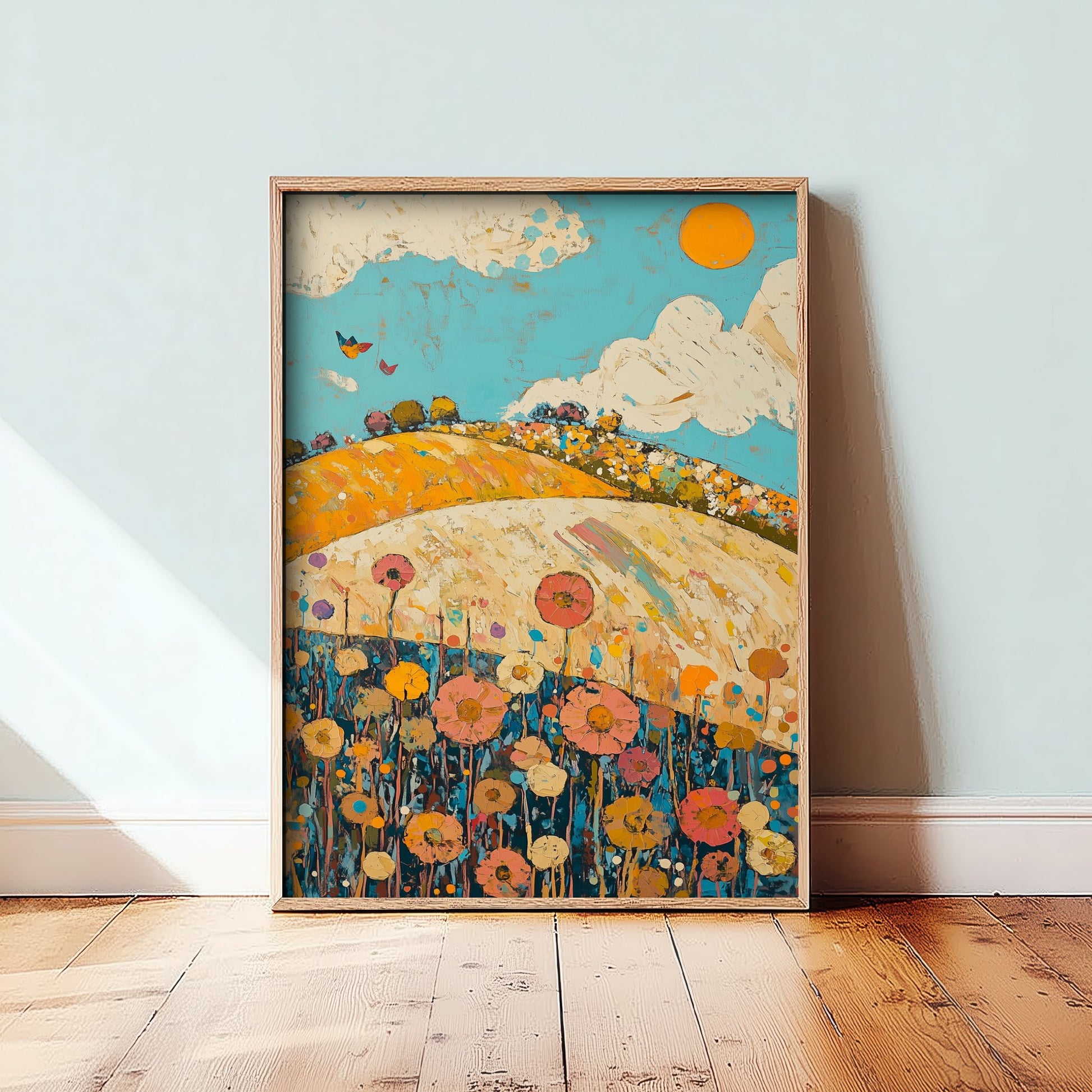 Rolling Hills Landscape Art Print - Butterfly Meadow Poster - Folk Art Painting - Azure Clay and Blossom 1/3