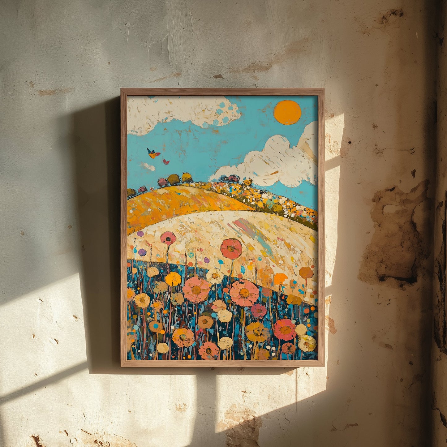 Rolling Hills Landscape Art Print - Butterfly Meadow Poster - Folk Art Painting - Azure Clay and Blossom 1/3