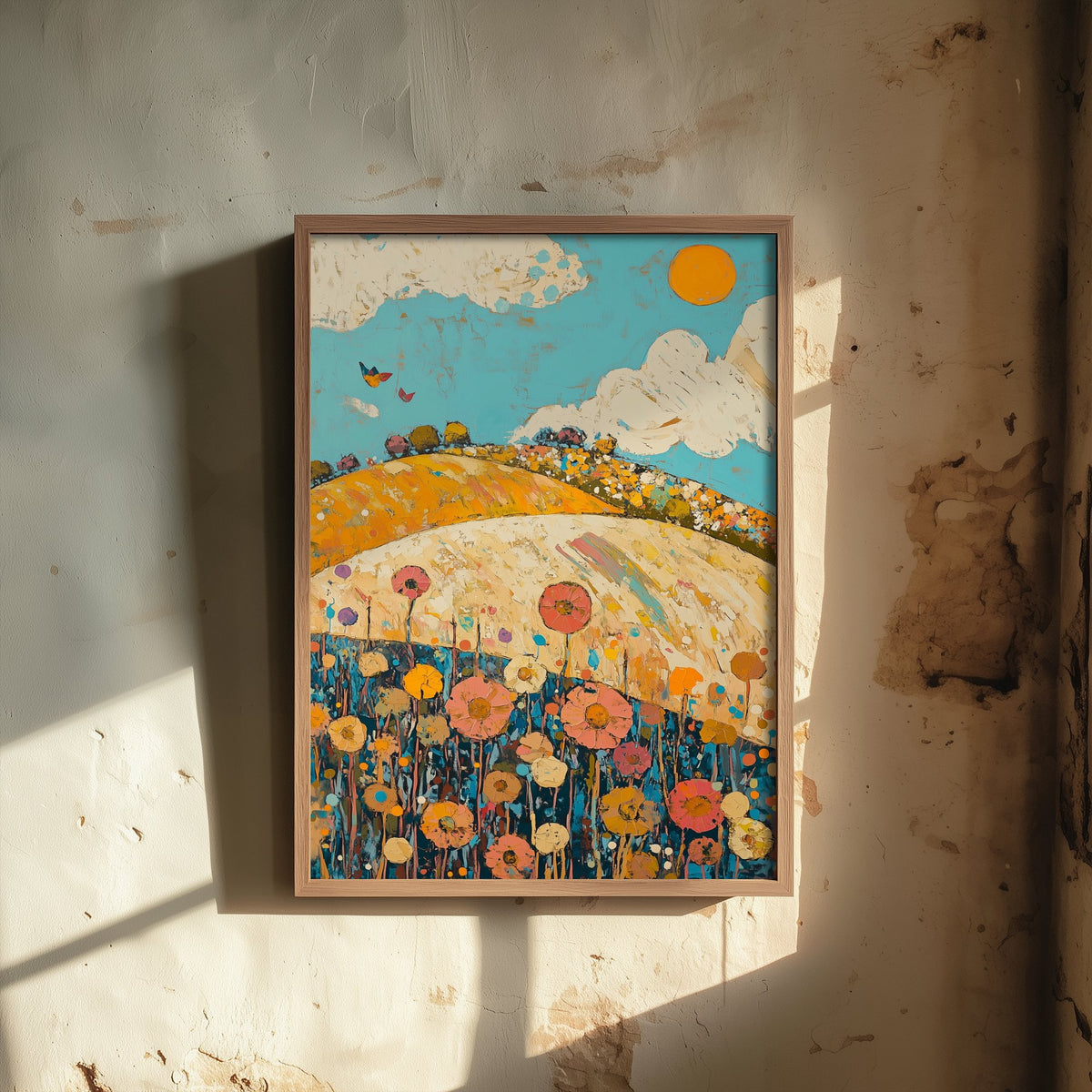 Rolling Hills Landscape Art Print - Butterfly Meadow Poster - Folk Art Painting - Azure Clay and Blossom 1/3