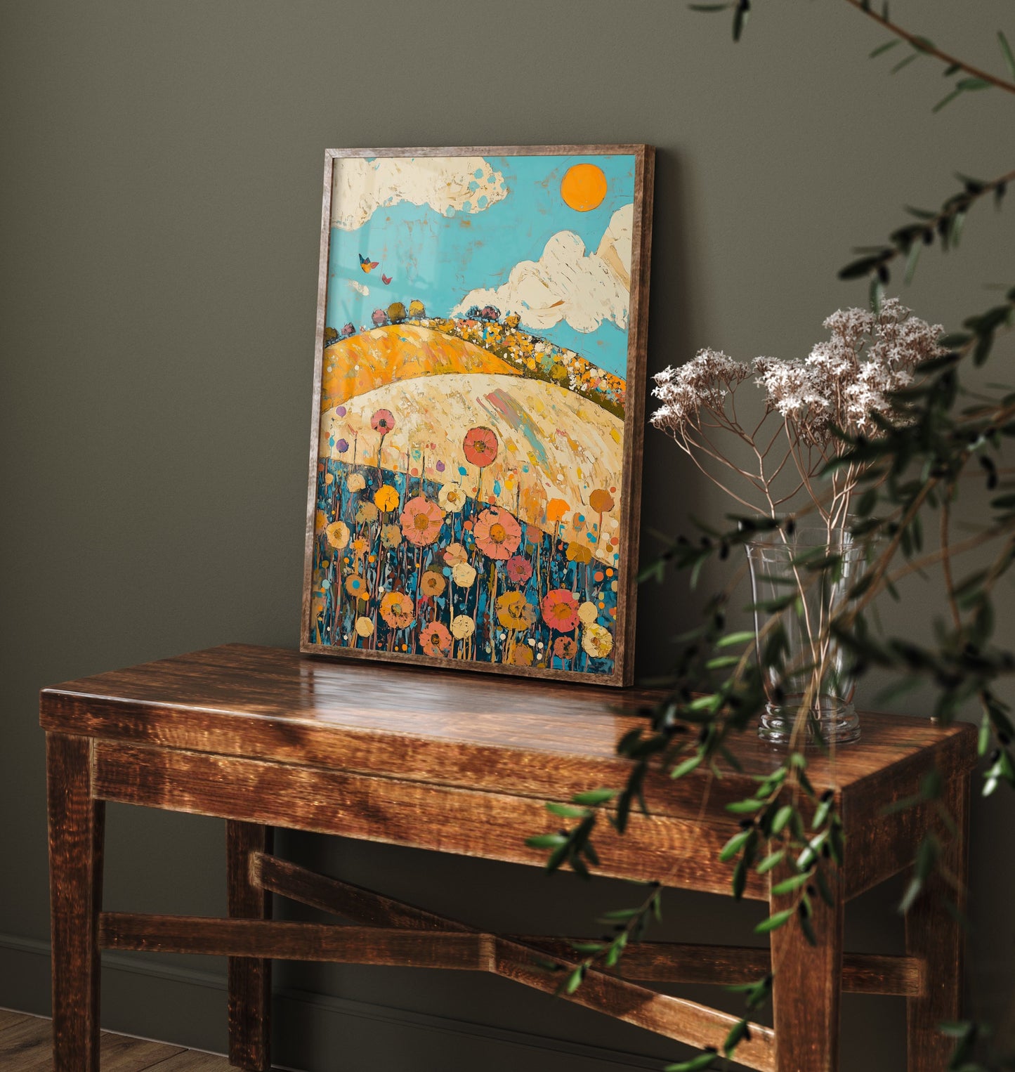 Rolling Hills Landscape Art Print - Butterfly Meadow Poster - Folk Art Painting - Azure Clay and Blossom 1/3