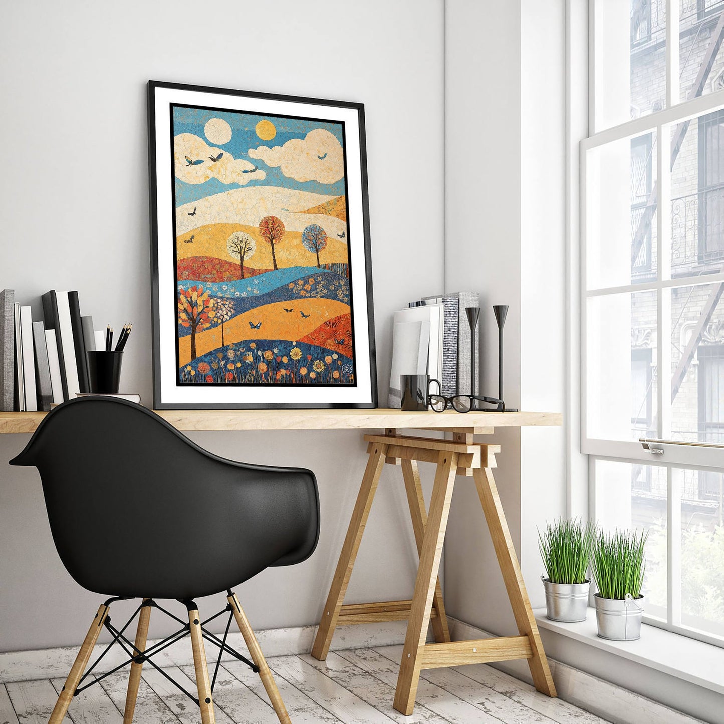 Rolling Hills Landscape Art Print - Butterfly Meadow Poster - Folk Art Painting - Azure Clay and Blossom 2/3