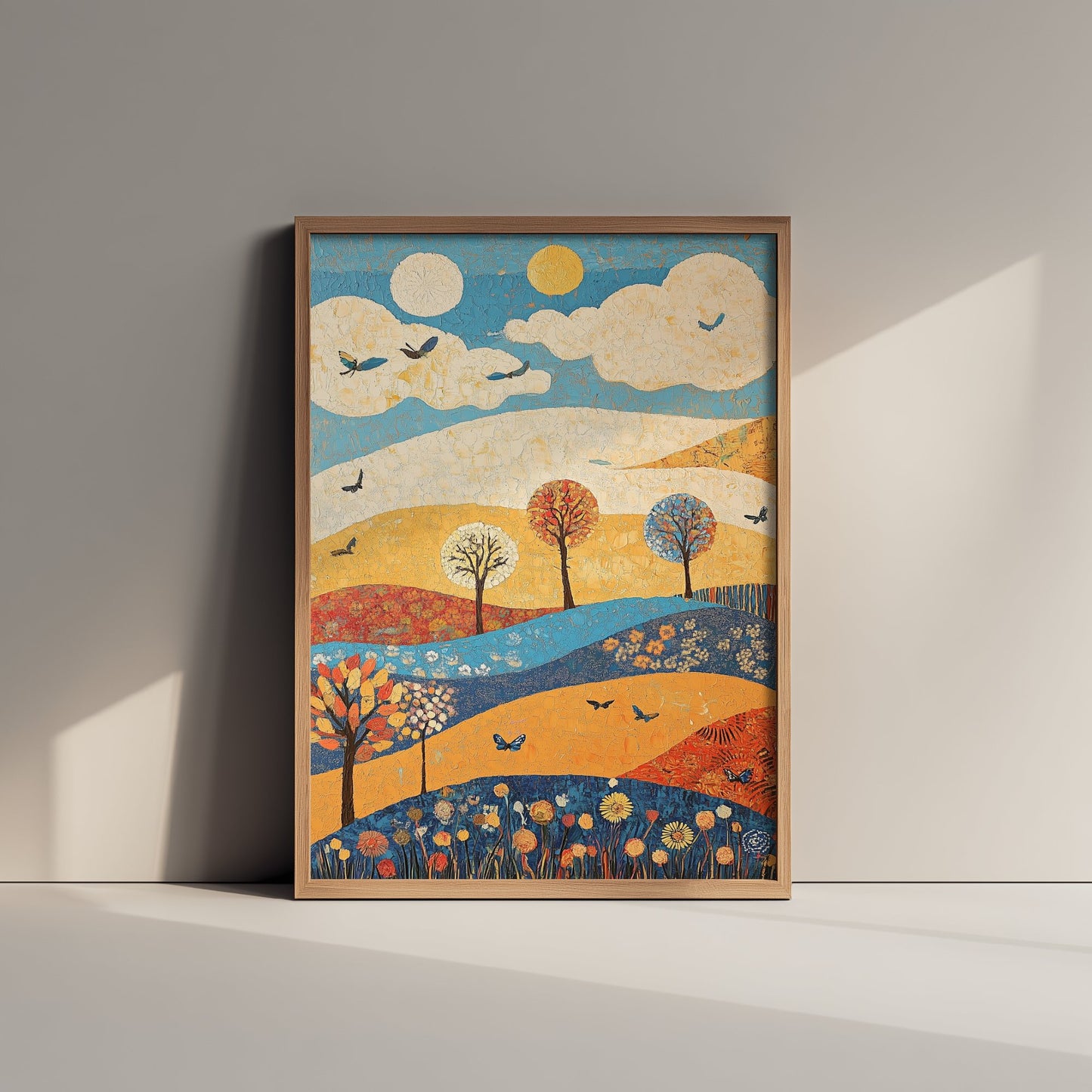 Rolling Hills Landscape Art Print - Butterfly Meadow Poster - Folk Art Painting - Azure Clay and Blossom 2/3