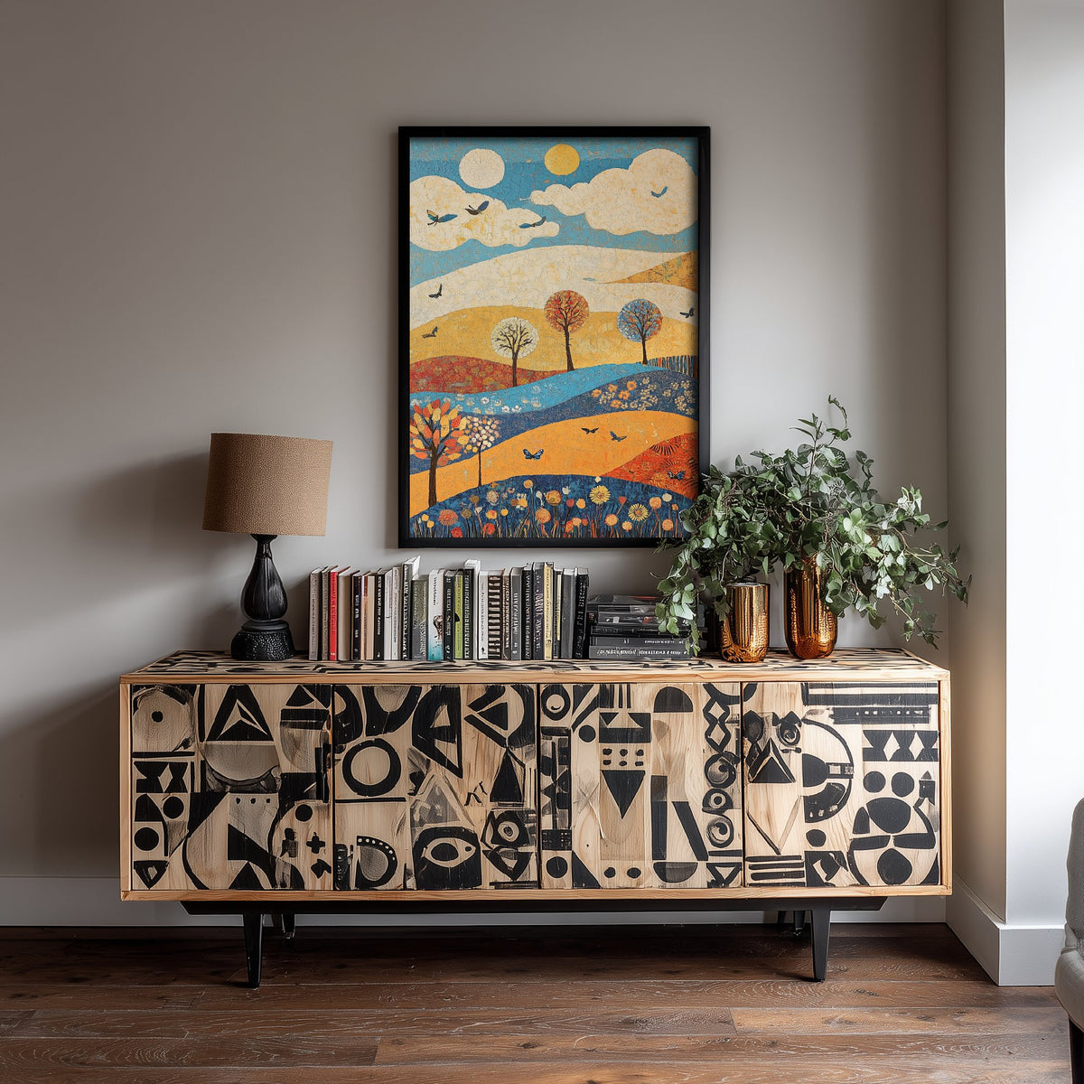 Rolling Hills Landscape Art Print - Butterfly Meadow Poster - Folk Art Painting - Azure Clay and Blossom 2/3