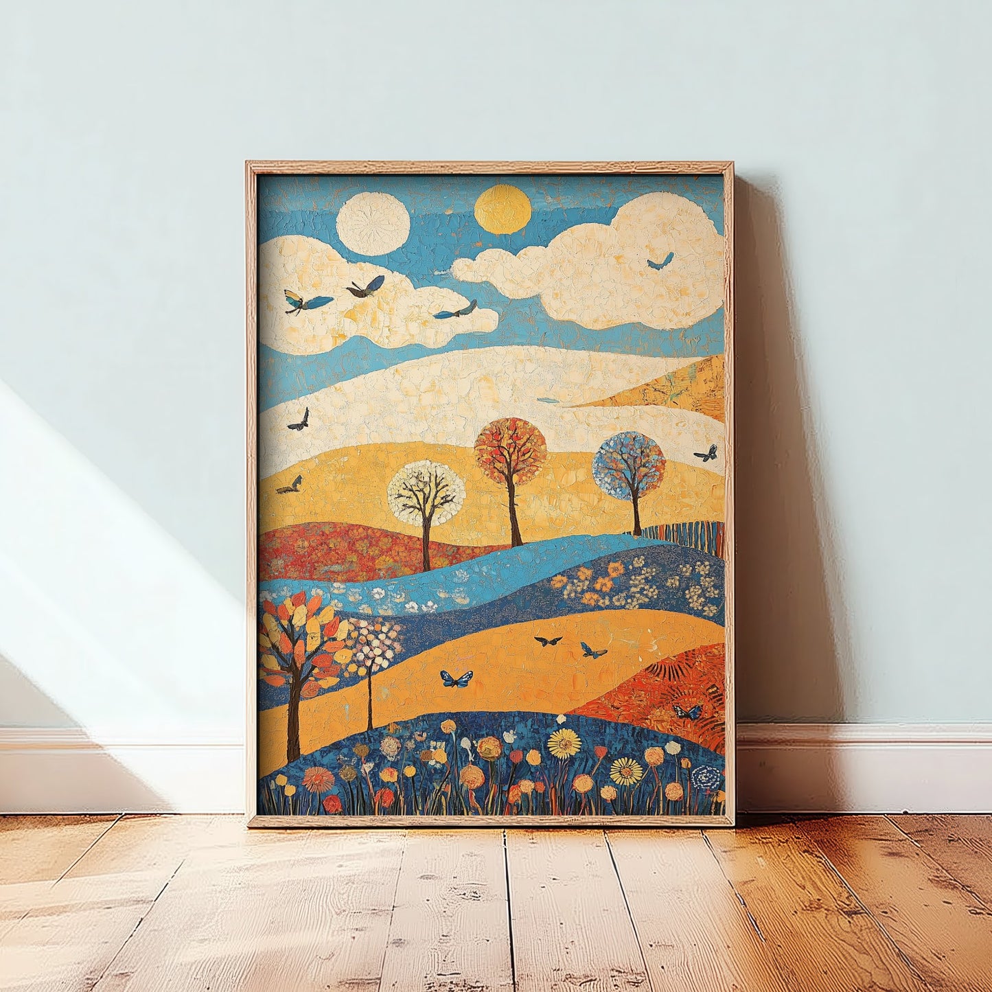 Rolling Hills Landscape Art Print - Butterfly Meadow Poster - Folk Art Painting - Azure Clay and Blossom 2/3