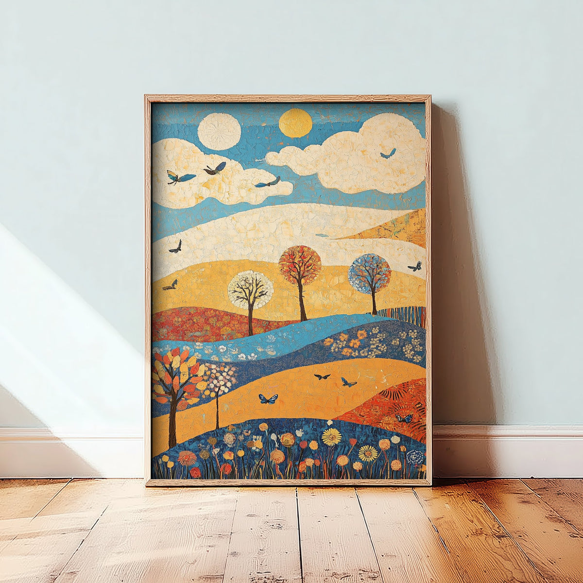 Rolling Hills Landscape Art Print - Butterfly Meadow Poster - Folk Art Painting - Azure Clay and Blossom 2/3