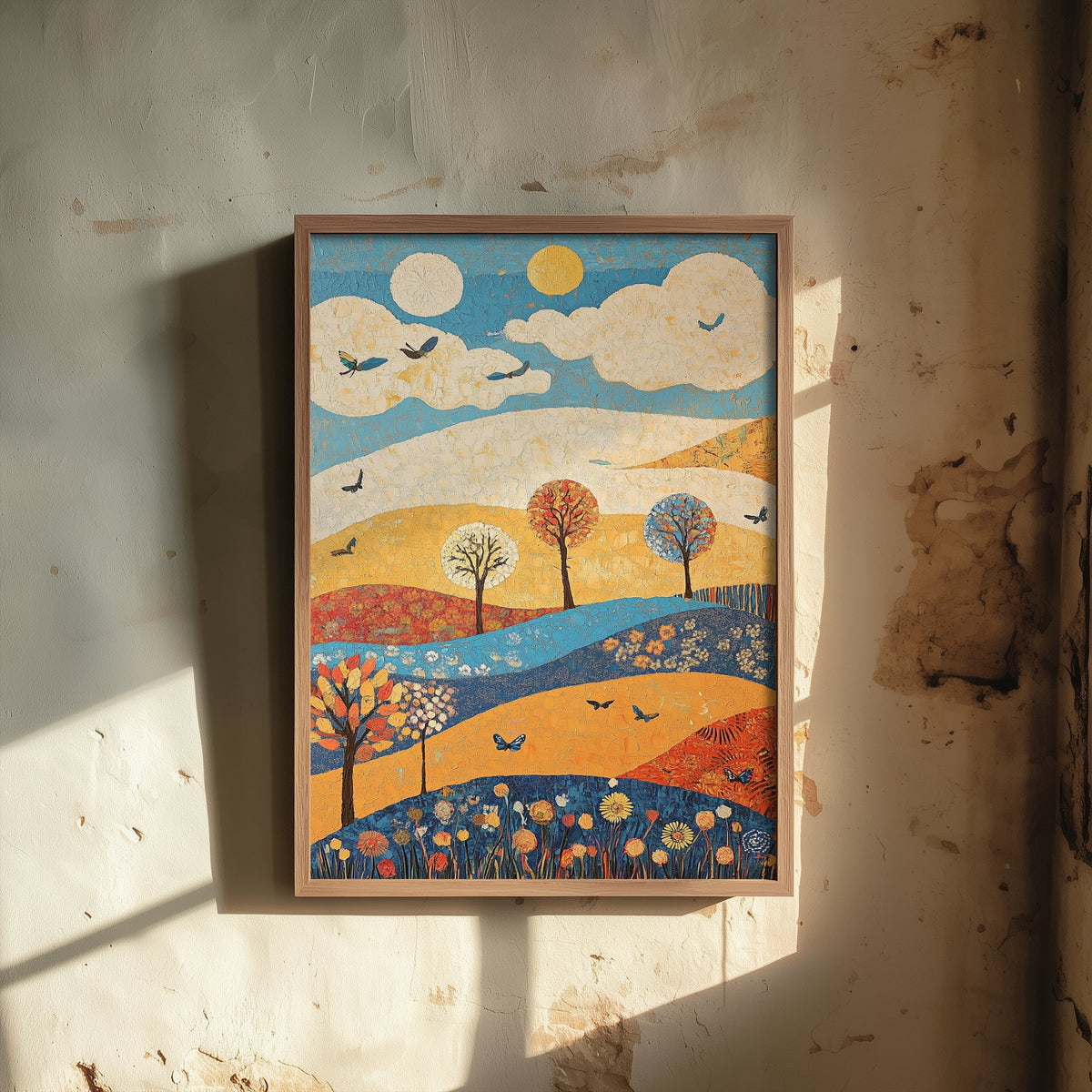 Rolling Hills Landscape Art Print - Butterfly Meadow Poster - Folk Art Painting - Azure Clay and Blossom 2/3
