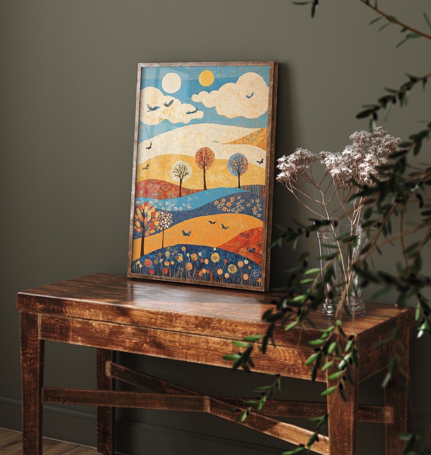 Rolling Hills Landscape Art Print - Butterfly Meadow Poster - Folk Art Painting - Azure Clay and Blossom 2/3