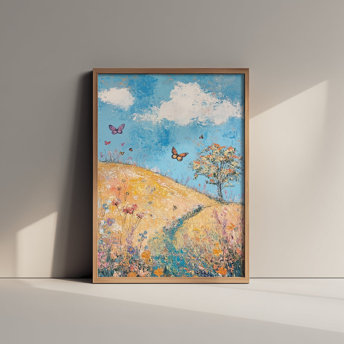 Rolling Hills Landscape Art Print - Butterfly Meadow Poster - Folk Art Painting - Azure Clay and Blossom 3/3
