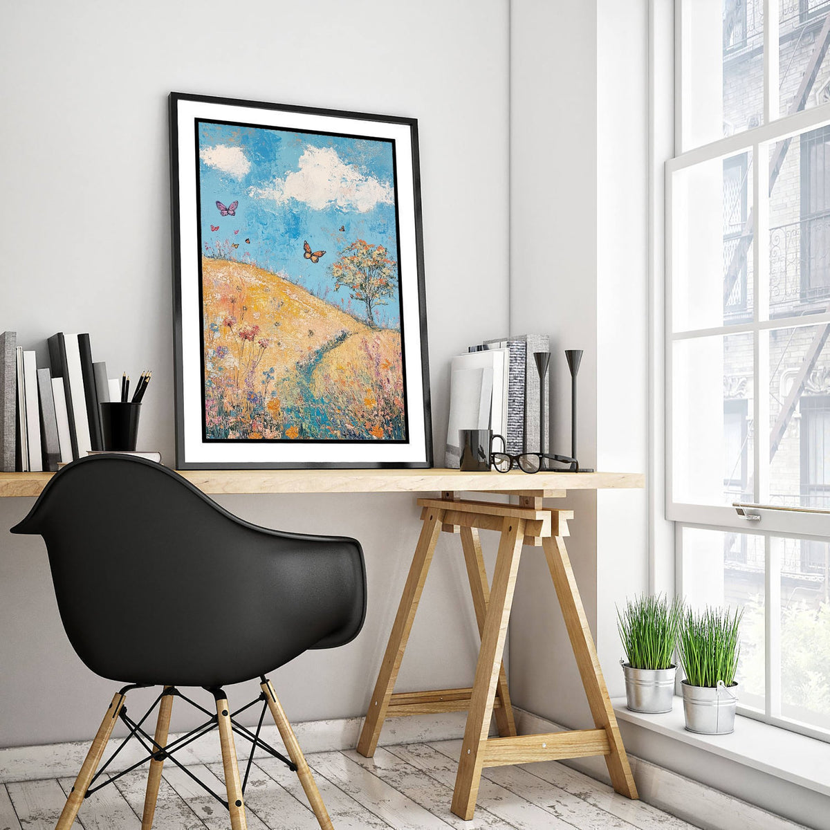 Rolling Hills Landscape Art Print - Butterfly Meadow Poster - Folk Art Painting - Azure Clay and Blossom 3/3