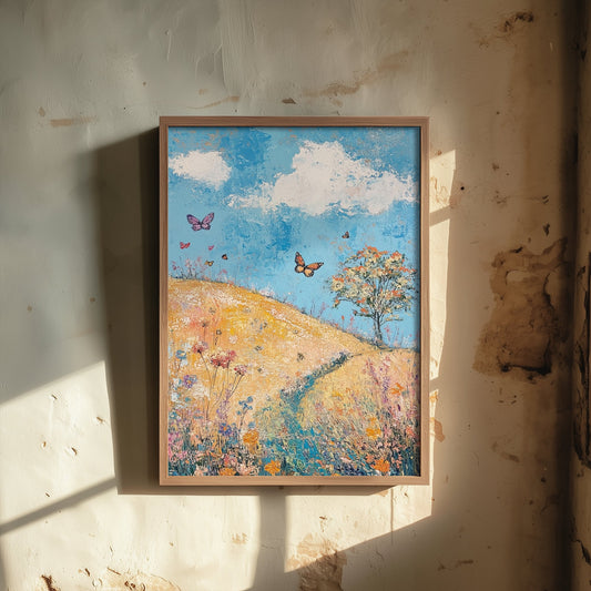 Rolling Hills Landscape Art Print - Butterfly Meadow Poster - Folk Art Painting - Azure Clay and Blossom 3/3