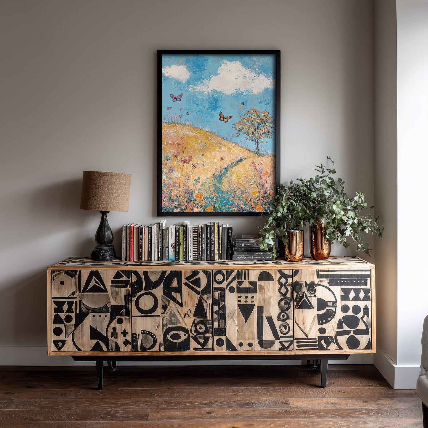 Rolling Hills Landscape Art Print - Butterfly Meadow Poster - Folk Art Painting - Azure Clay and Blossom 3/3