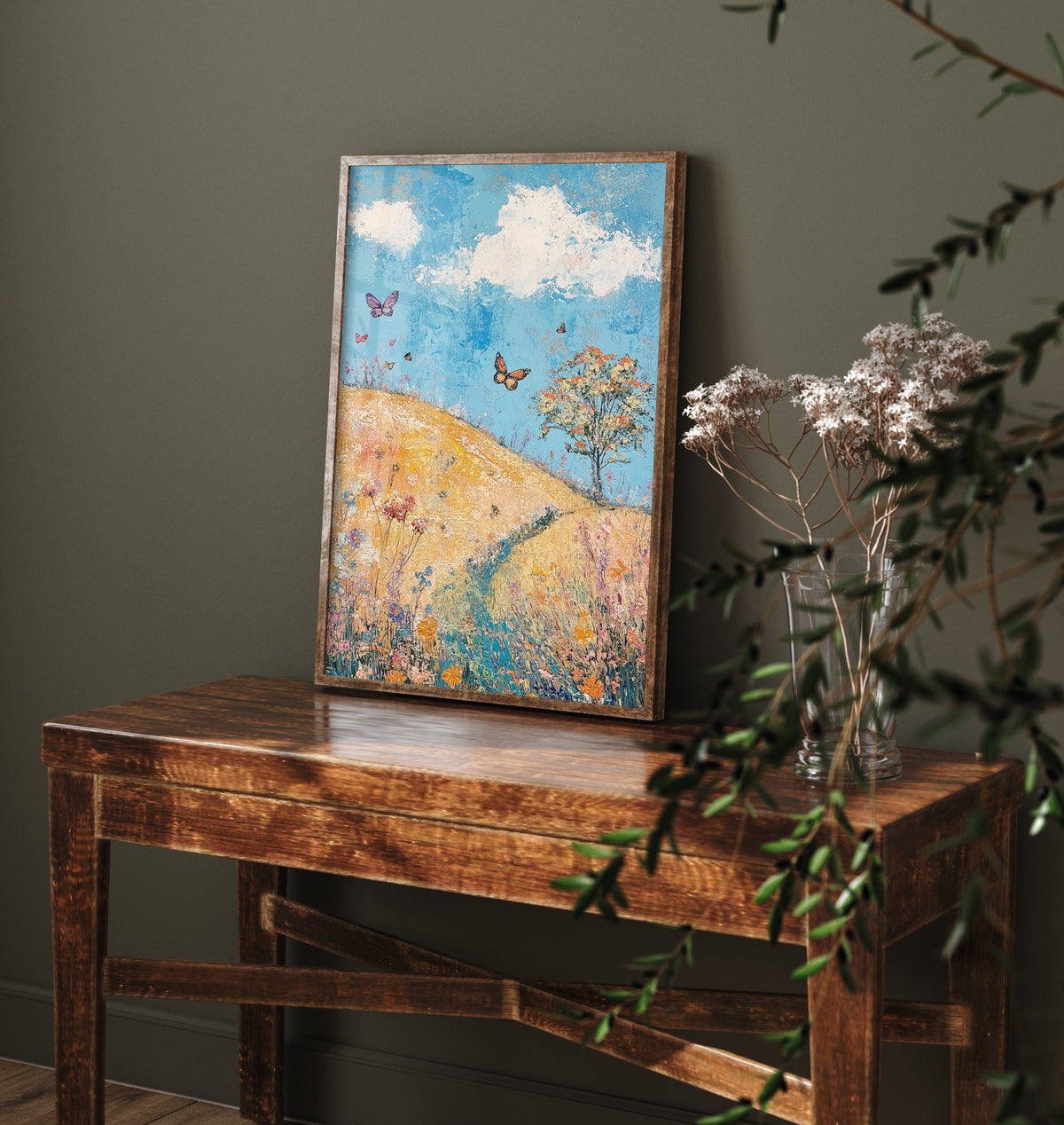Rolling Hills Landscape Art Print - Butterfly Meadow Poster - Folk Art Painting - Azure Clay and Blossom 3/3