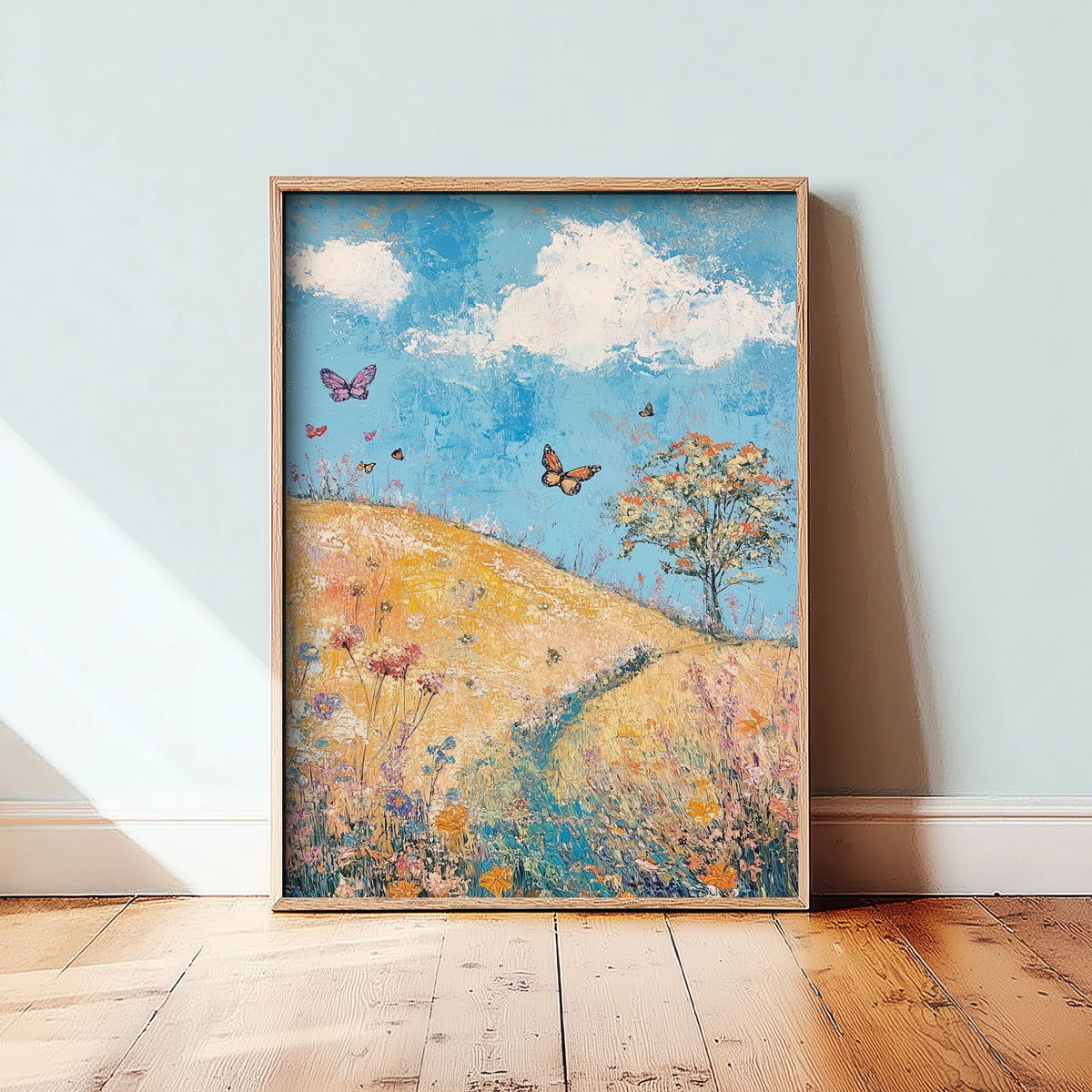 Rolling Hills Landscape Art Print - Butterfly Meadow Poster - Folk Art Painting - Azure Clay and Blossom 3/3