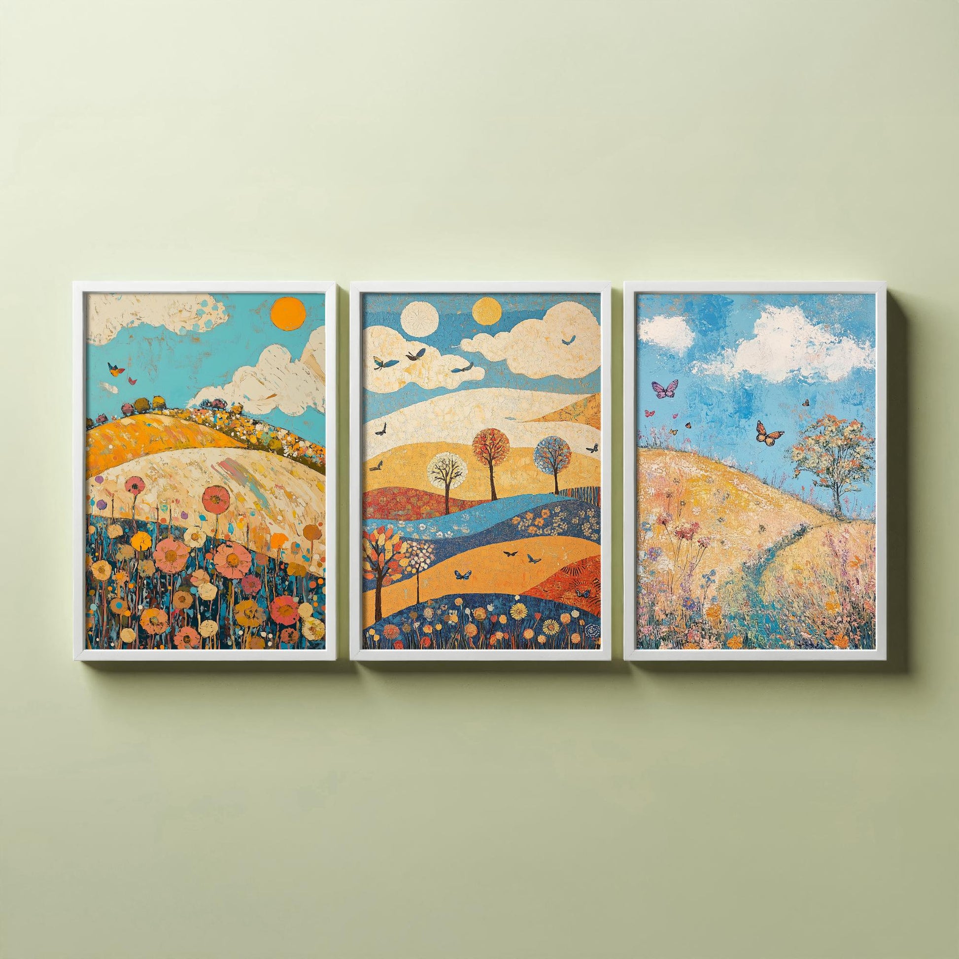 Rolling Hills Butterfly Set of Three Art Prints - Azure Clay and Blossom - Folk Meadow Poster Illustration Gift
