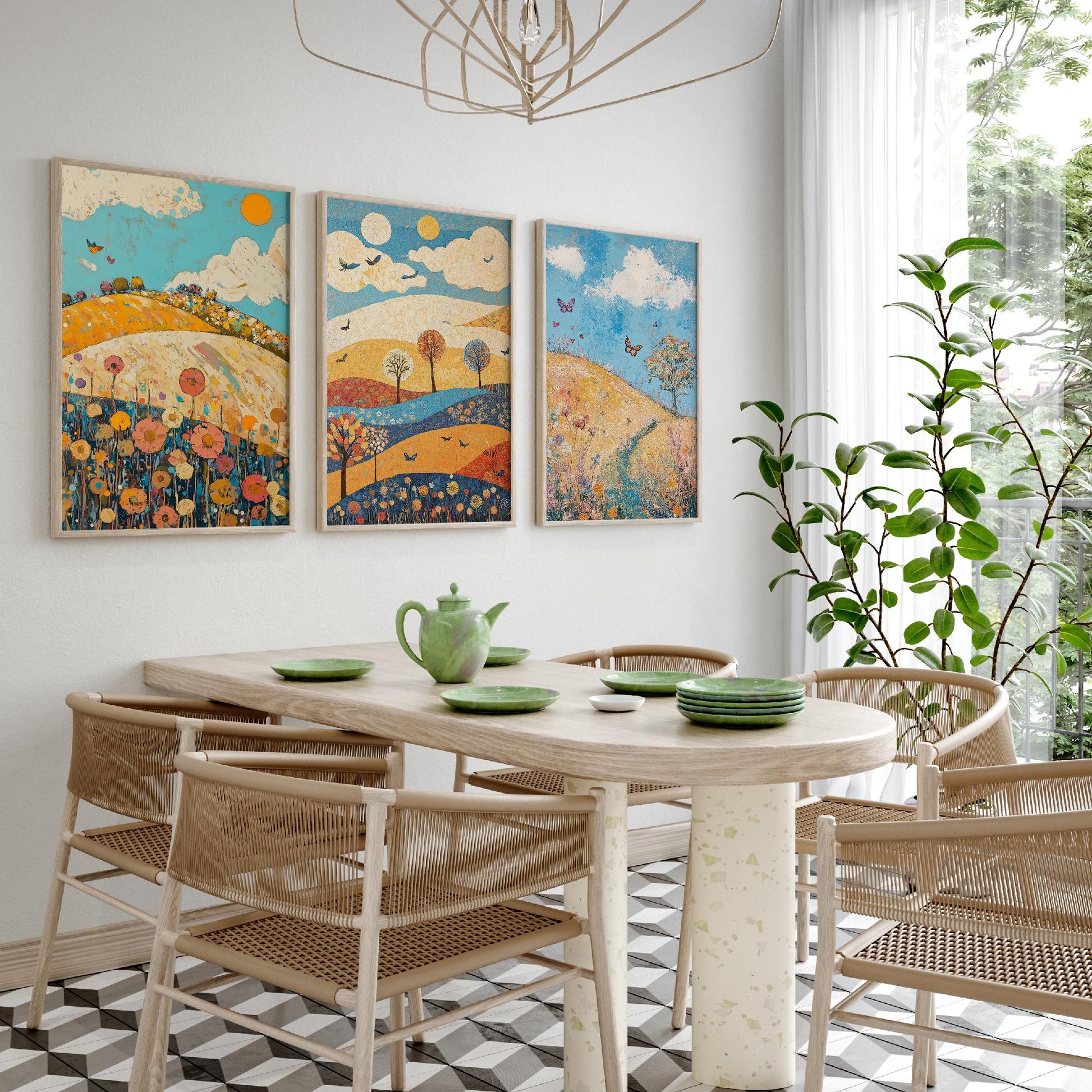 Rolling Hills Butterfly Set of Three Art Prints - Azure Clay and Blossom - Folk Meadow Poster Illustration Gift