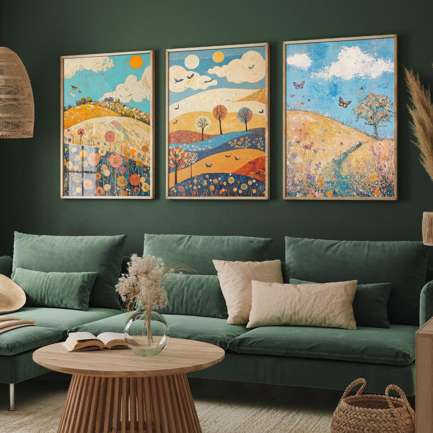 Rolling Hills Butterfly Set of Three Art Prints - Azure Clay and Blossom - Folk Meadow Poster Illustration Gift