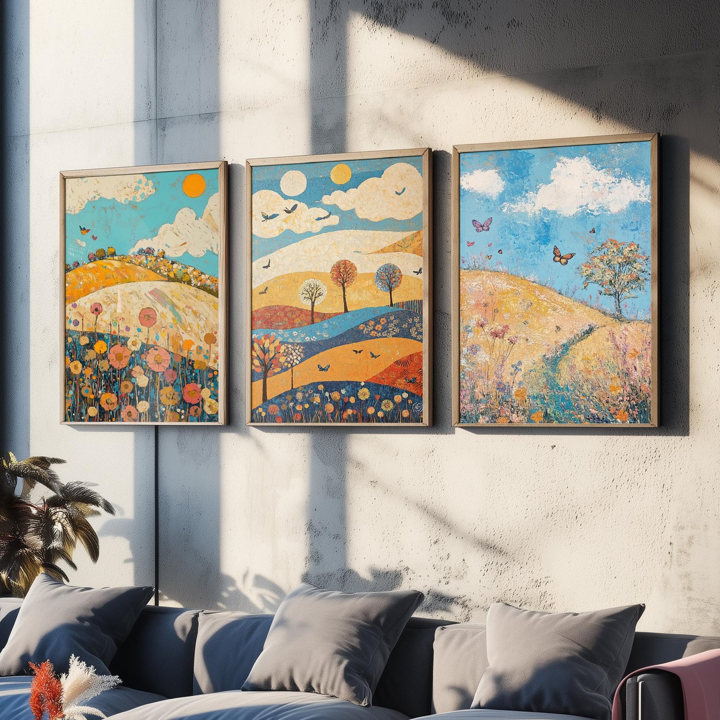 Rolling Hills Butterfly Set of Three Art Prints - Azure Clay and Blossom - Folk Meadow Poster Illustration Gift