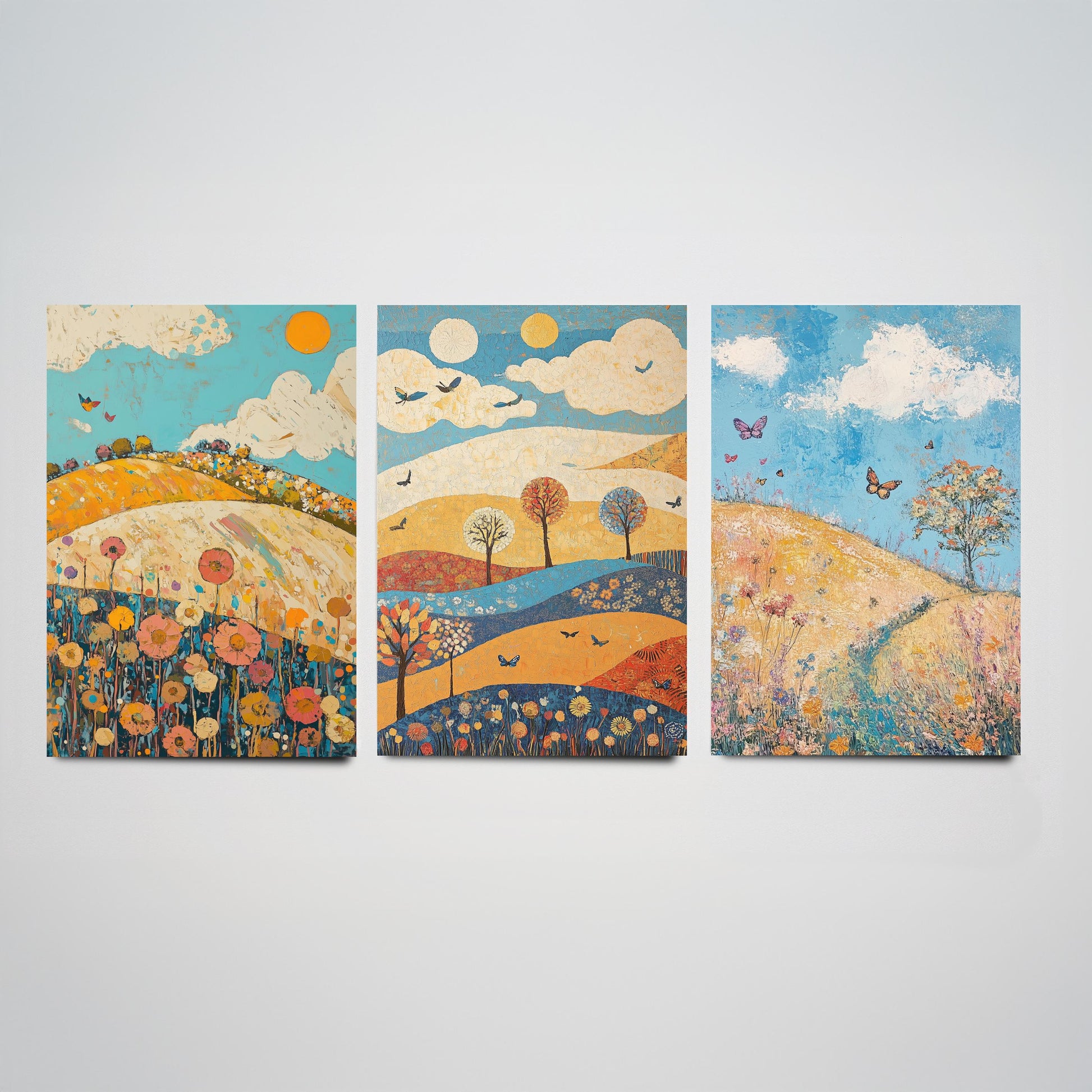 Rolling Hills Butterfly Set of Three Art Prints - Azure Clay and Blossom - Folk Meadow Poster Illustration Gift