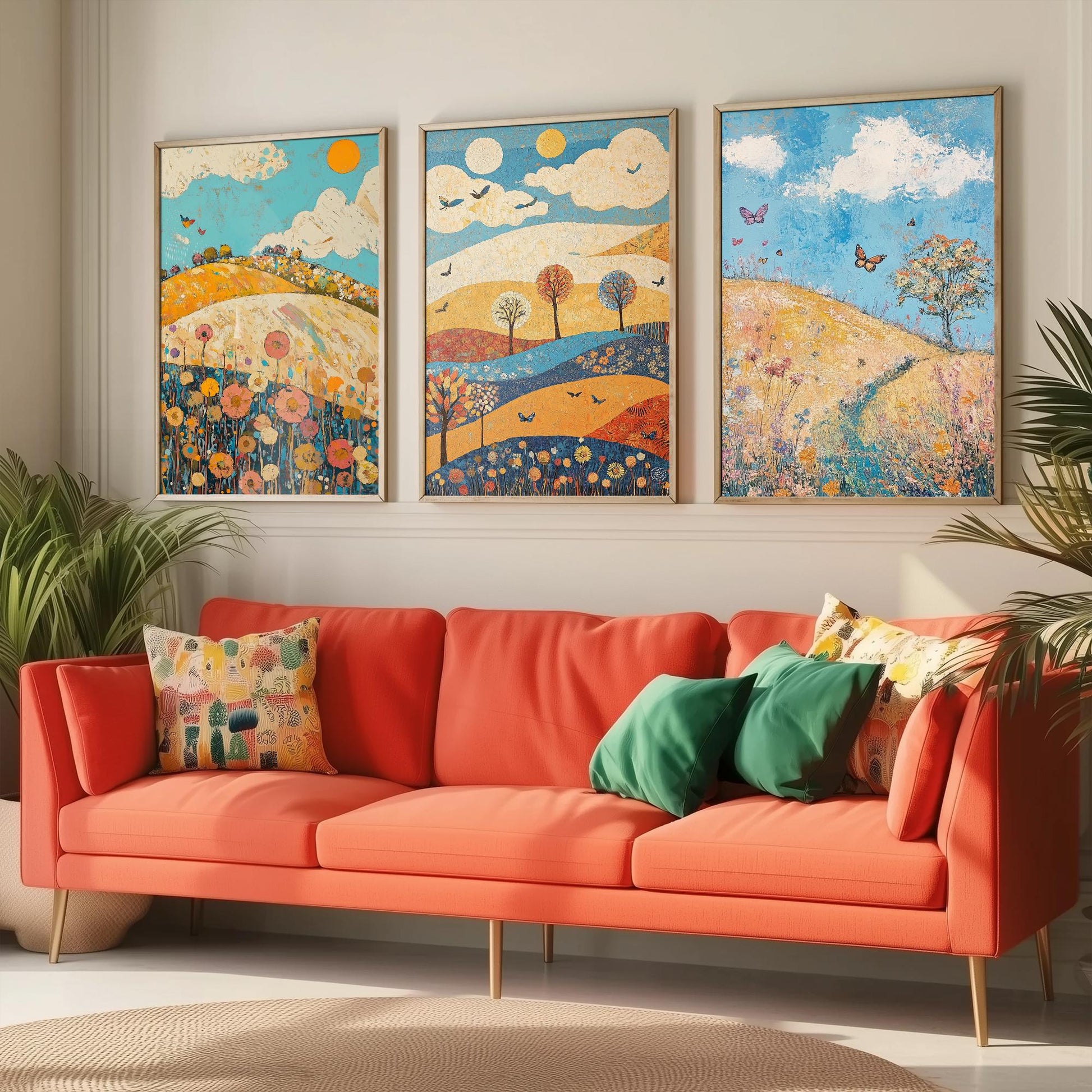 Rolling Hills Butterfly Set of Three Art Prints - Azure Clay and Blossom - Folk Meadow Poster Illustration Gift