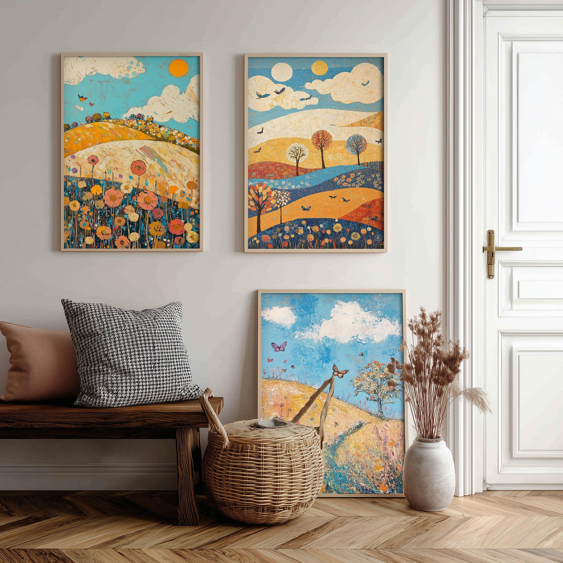 Rolling Hills Butterfly Set of Three Art Prints - Azure Clay and Blossom - Folk Meadow Poster Illustration Gift