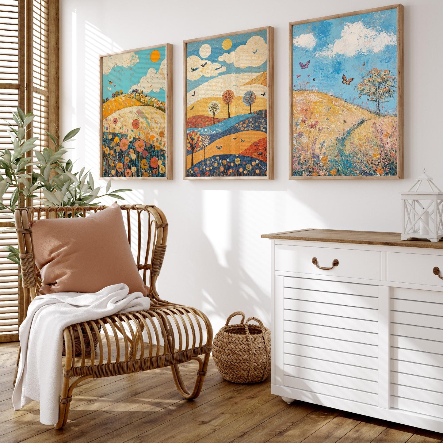 Rolling Hills Butterfly Set of Three Art Prints - Azure Clay and Blossom - Folk Meadow Poster Illustration Gift