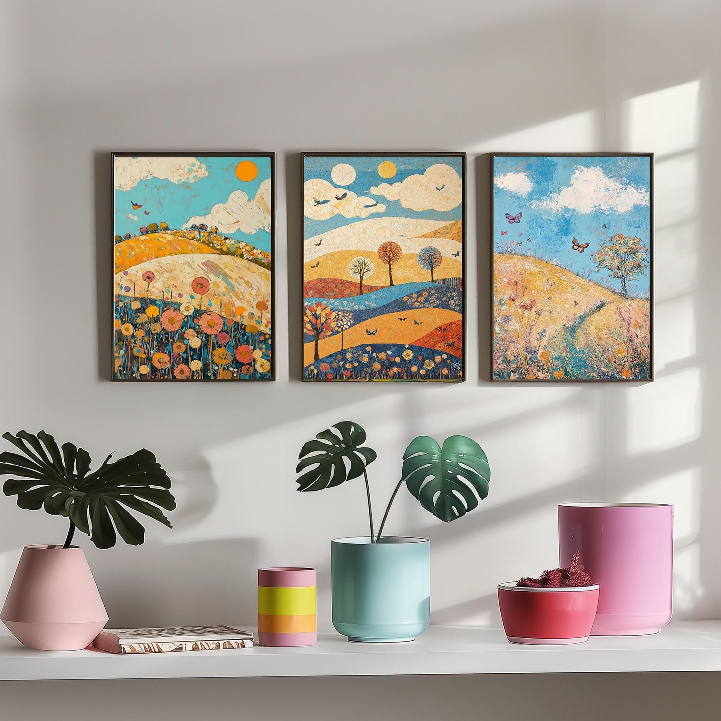 Rolling Hills Butterfly Set of Three Art Prints - Azure Clay and Blossom - Folk Meadow Poster Illustration Gift