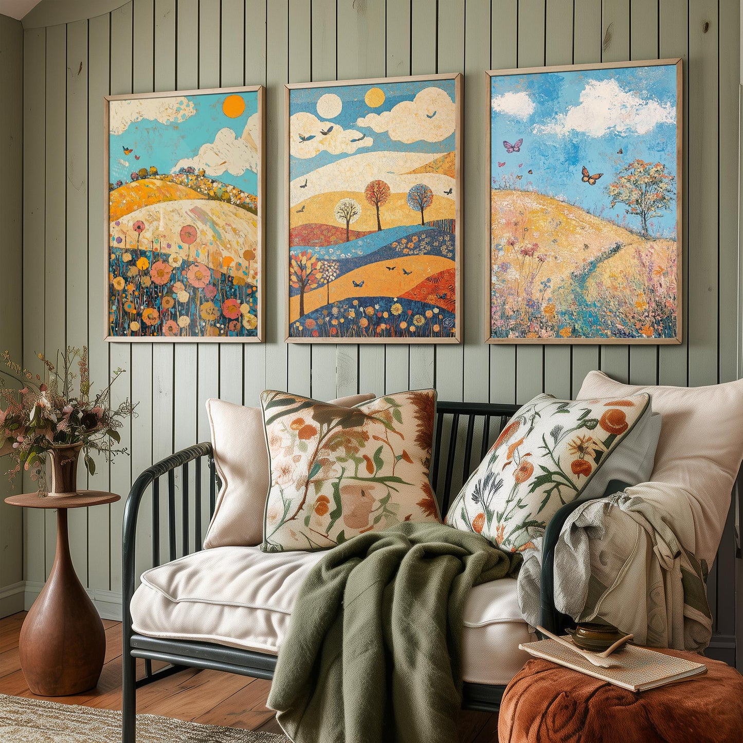 Rolling Hills Butterfly Set of Three Art Prints - Azure Clay and Blossom - Folk Meadow Poster Illustration Gift