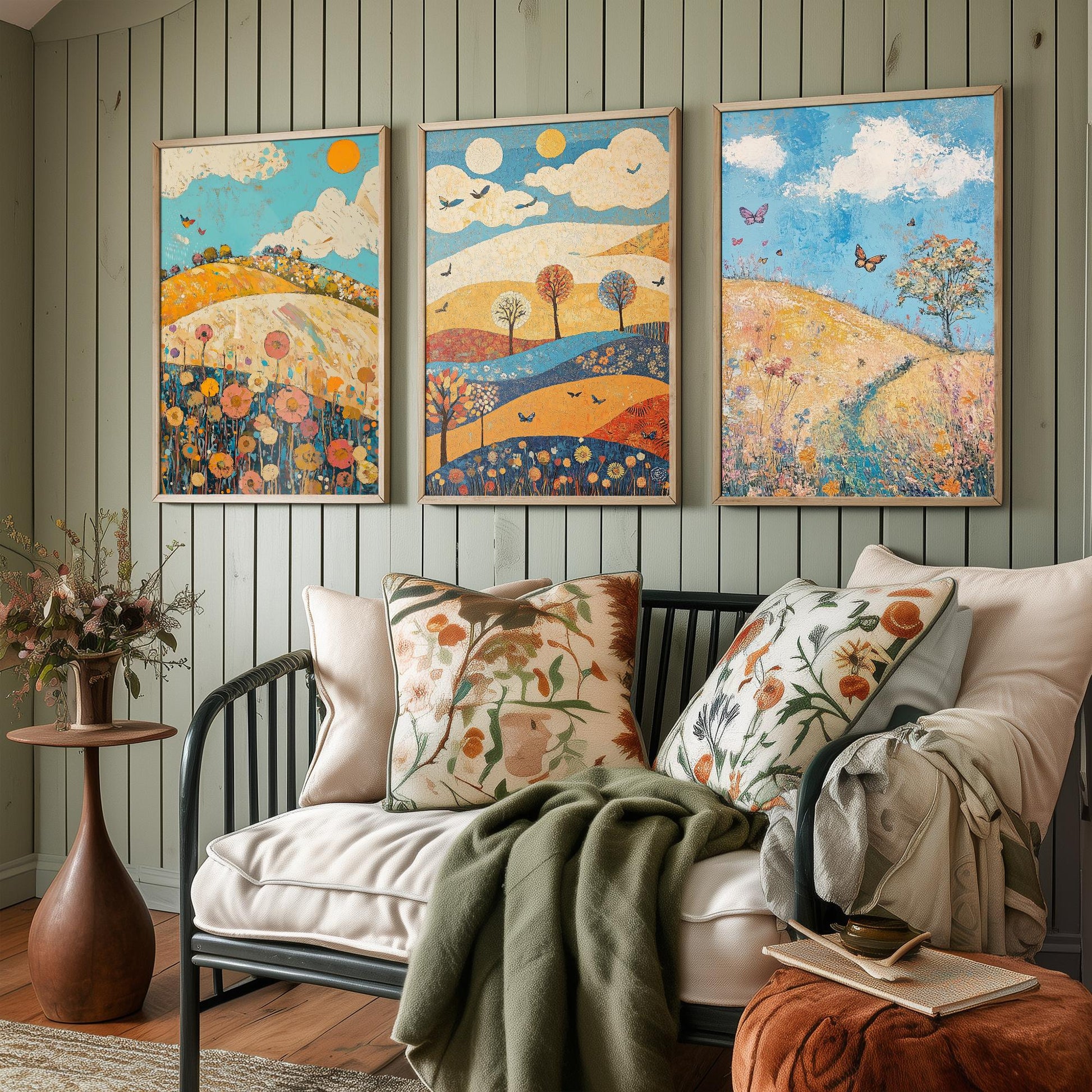 Rolling Hills Butterfly Set of Three Art Prints - Azure Clay and Blossom - Folk Meadow Poster Illustration Gift